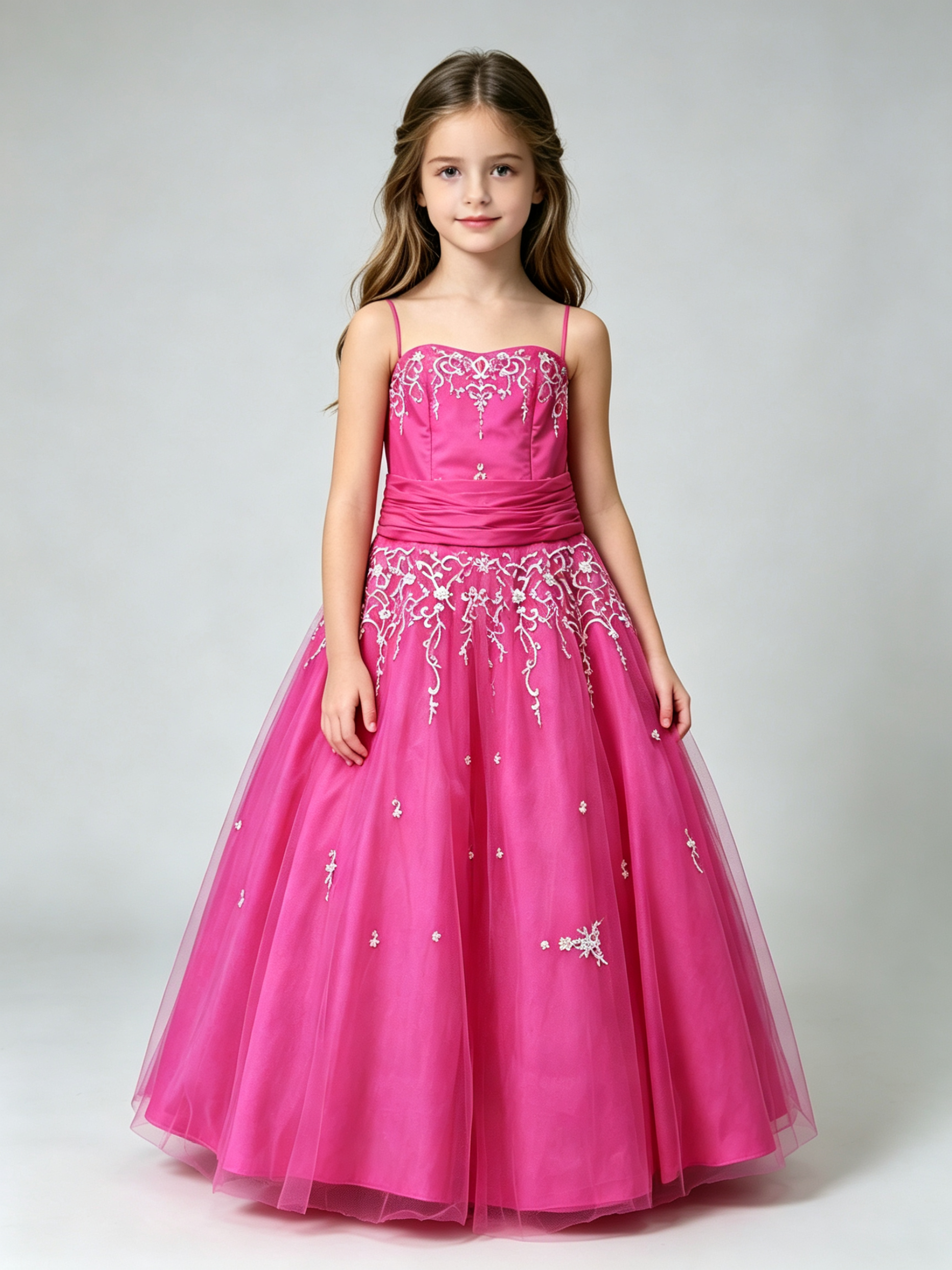 Fuchsia Girls Ball Gown Dress Strapless Beaded Embroidery Tulle Flower Girl Pageant Party Dress