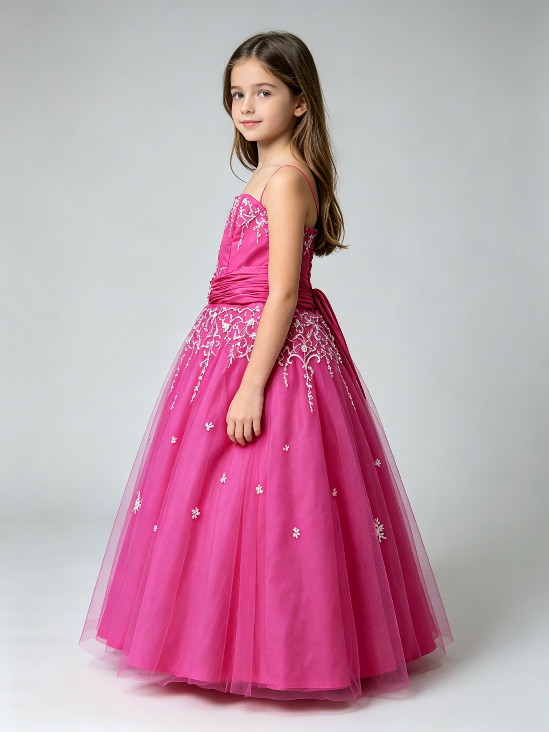 Fuchsia Girls Ball Gown Dress Strapless Beaded Embroidery Tulle Flower Girl Pageant Party Dress