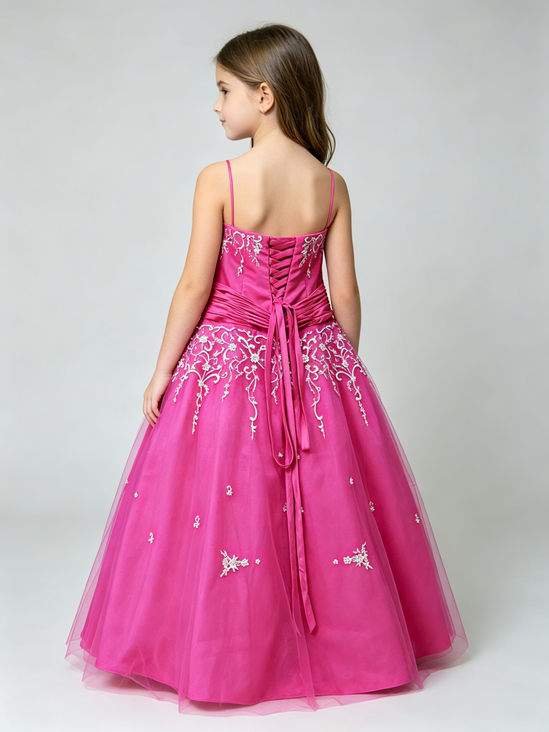 Fuchsia Girls Ball Gown Dress Strapless Beaded Embroidery Tulle Flower Girl Pageant Party Dress