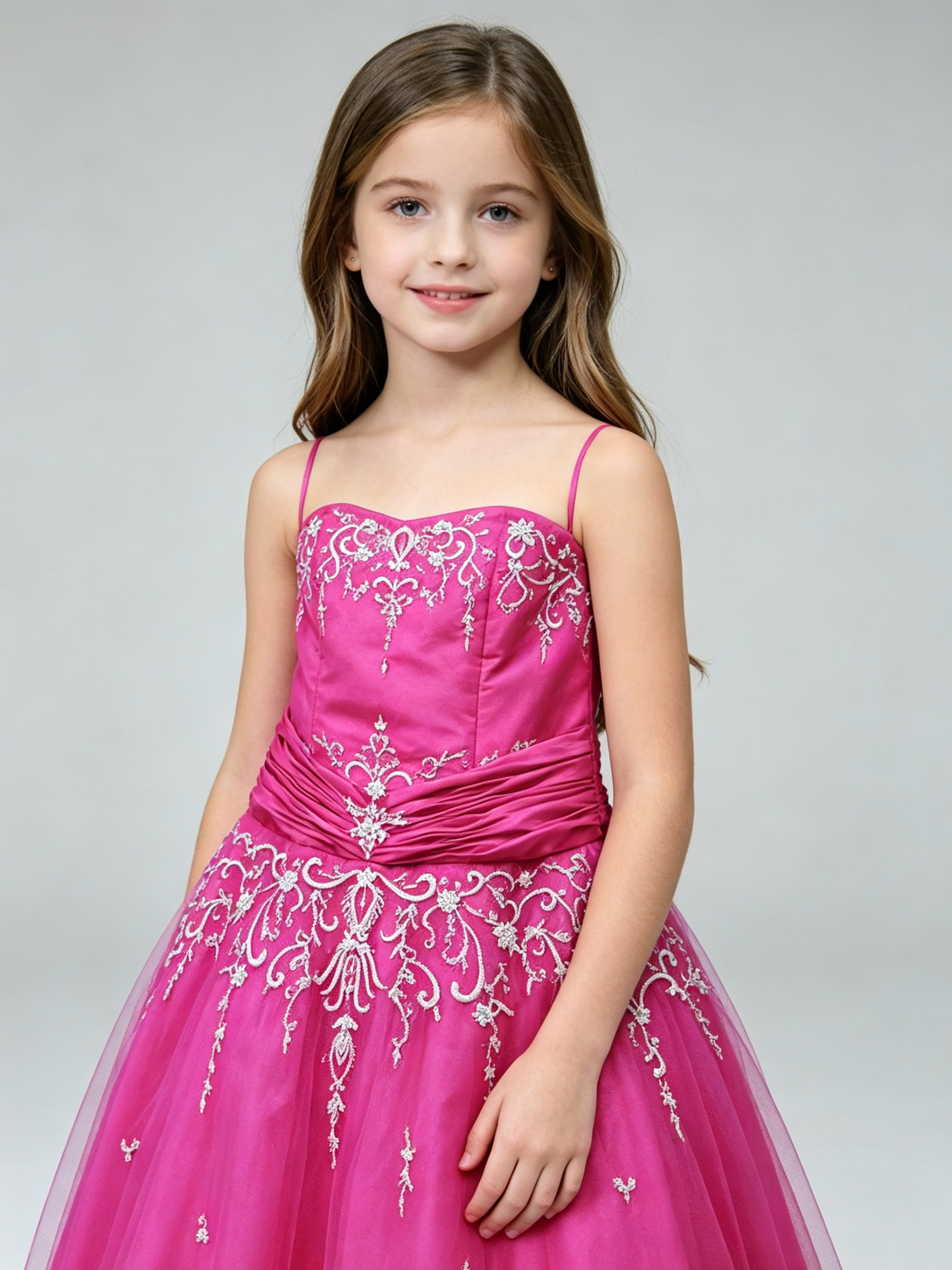 Fuchsia Girls Ball Gown Dress Strapless Beaded Embroidery Tulle Flower Girl Pageant Party Dress