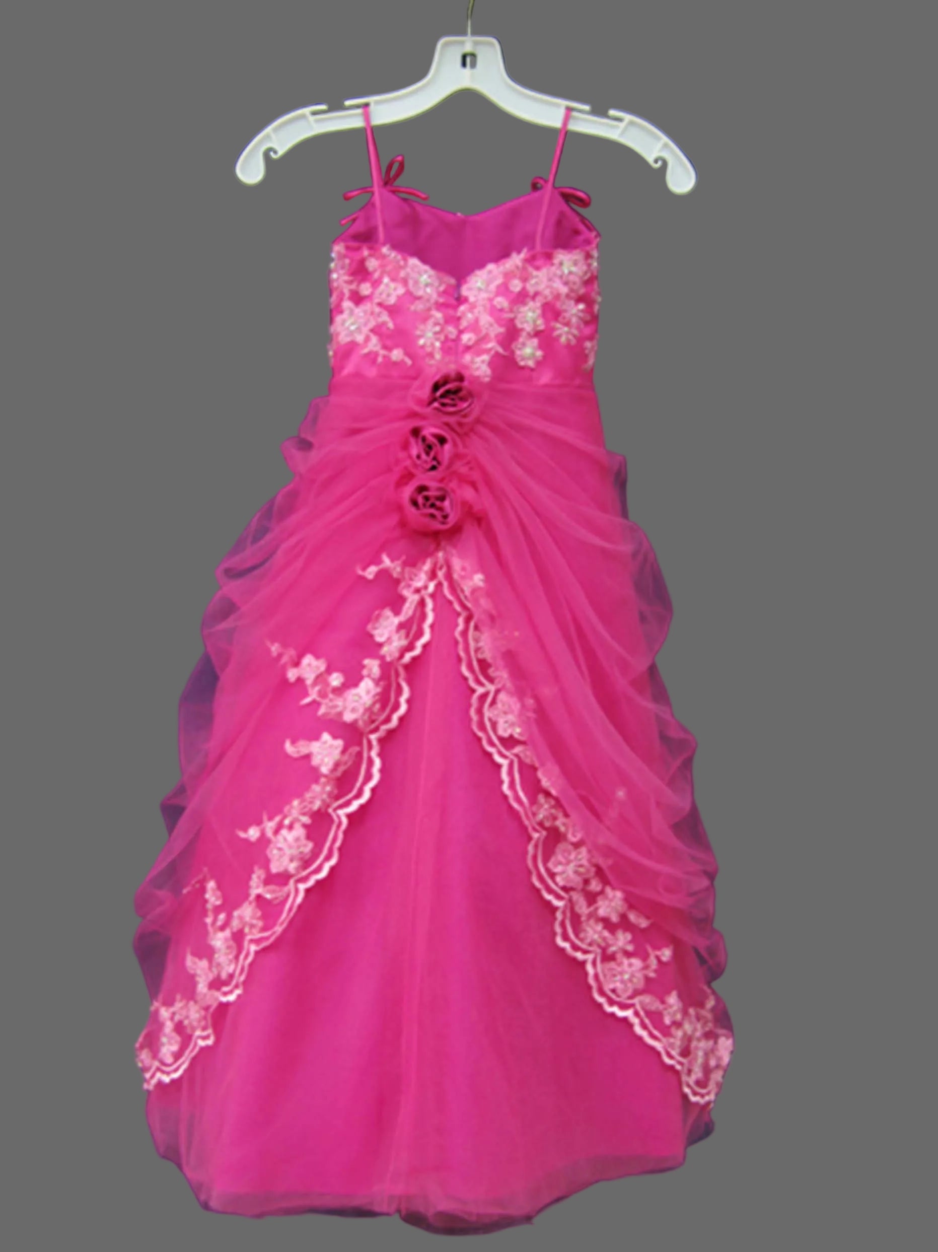 Girls Fuchsia Lace Applique Ruffle Ball Gown Pageant Dress with Floral Rosette Detail