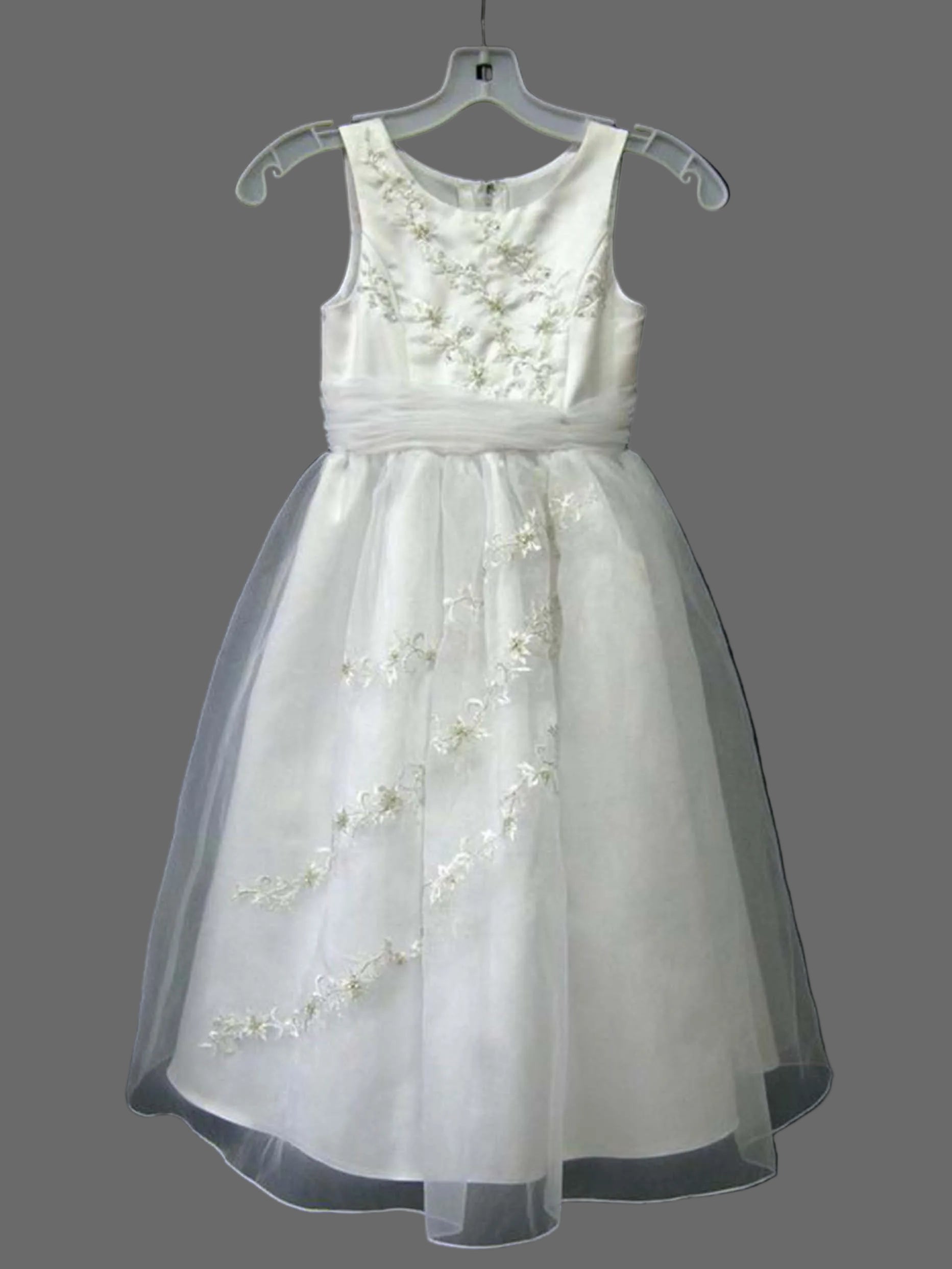 Girls Ivory Satin Tulle Flower Girl Dress with Floral Embroidery & Beading – Sleeveless A-Line Wedding Communion Gown