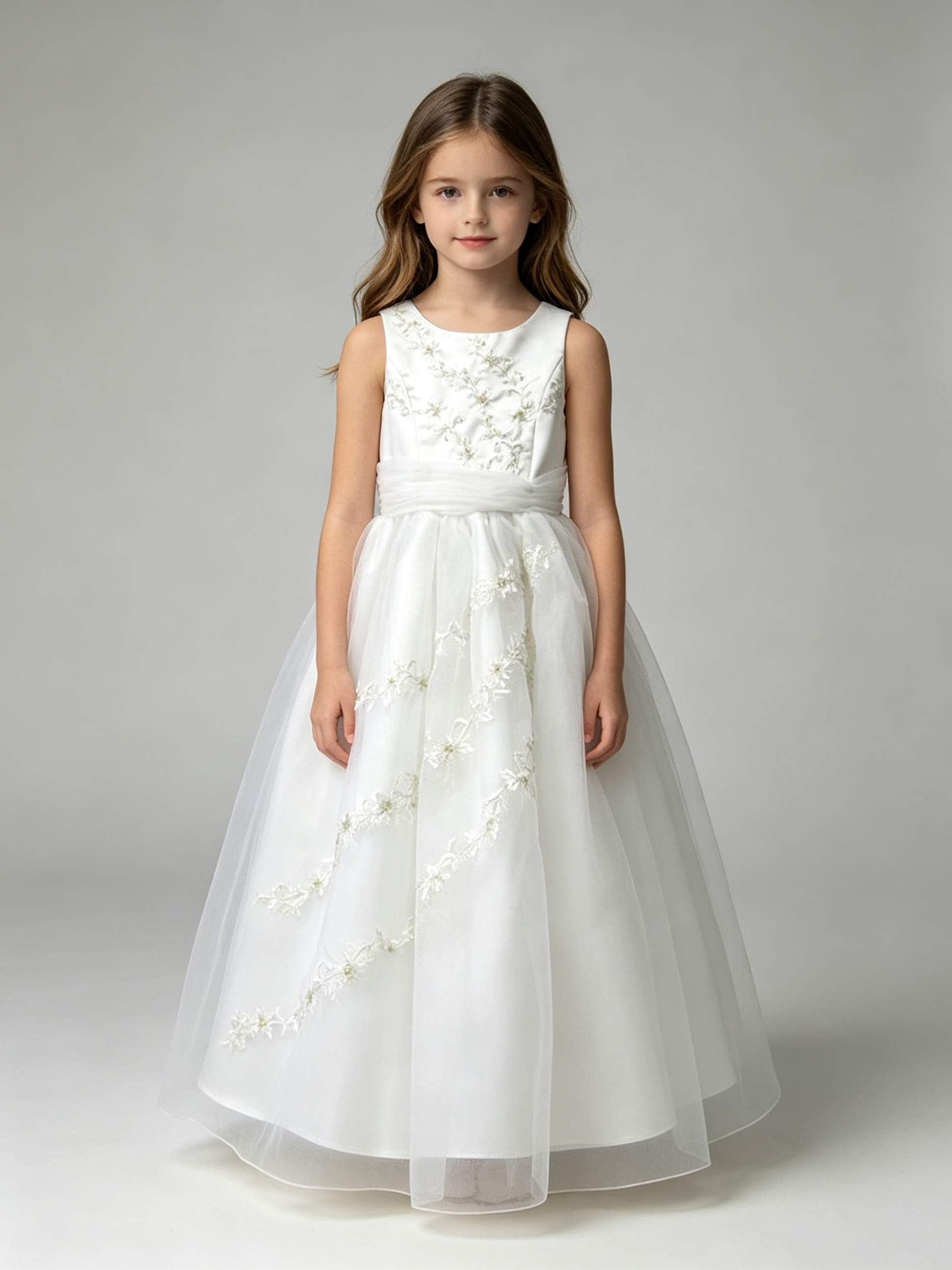 Girls Ivory Satin Tulle Flower Girl Dress with Floral Embroidery & Beading – Sleeveless A-Line Wedding Communion Gown