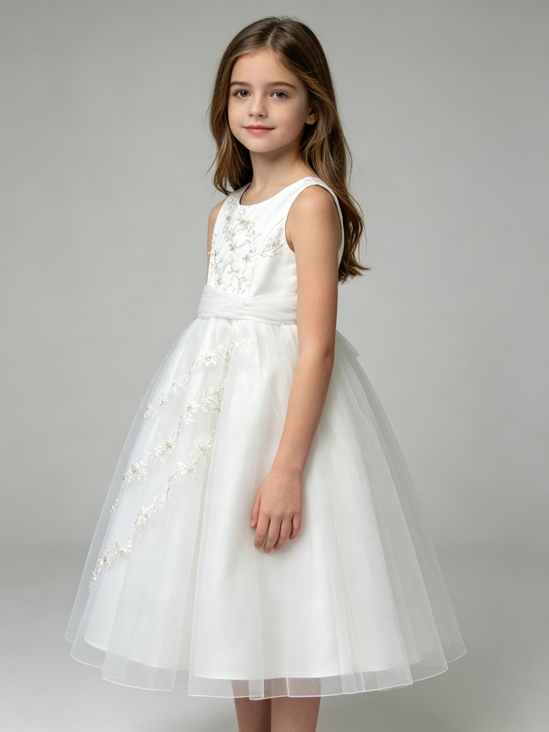 Girls Ivory Satin Tulle Flower Girl Dress with Floral Embroidery & Beading – Sleeveless A-Line Wedding Communion Gown