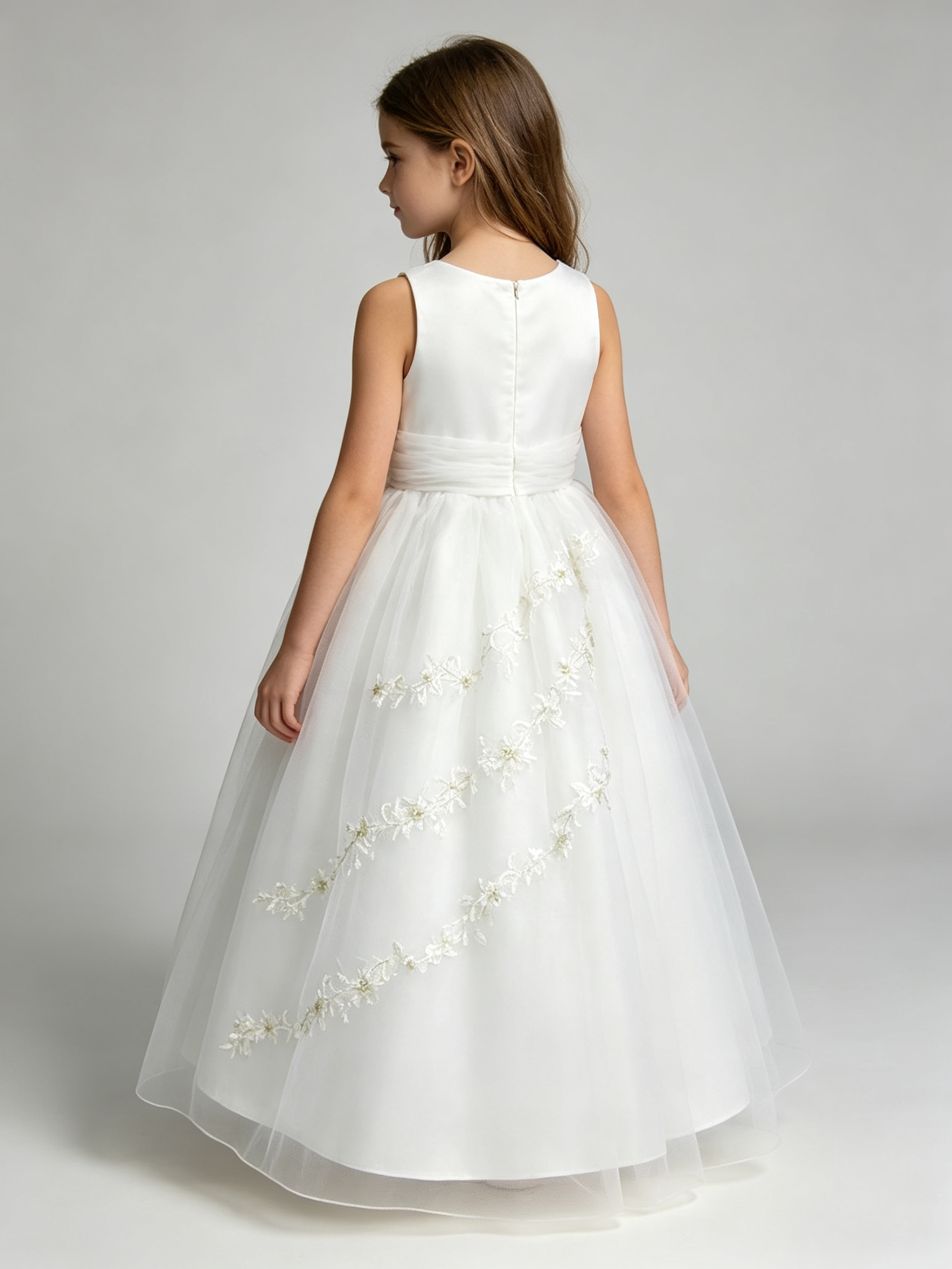Girls Ivory Satin Tulle Flower Girl Dress with Floral Embroidery & Beading – Sleeveless A-Line Wedding Communion Gown