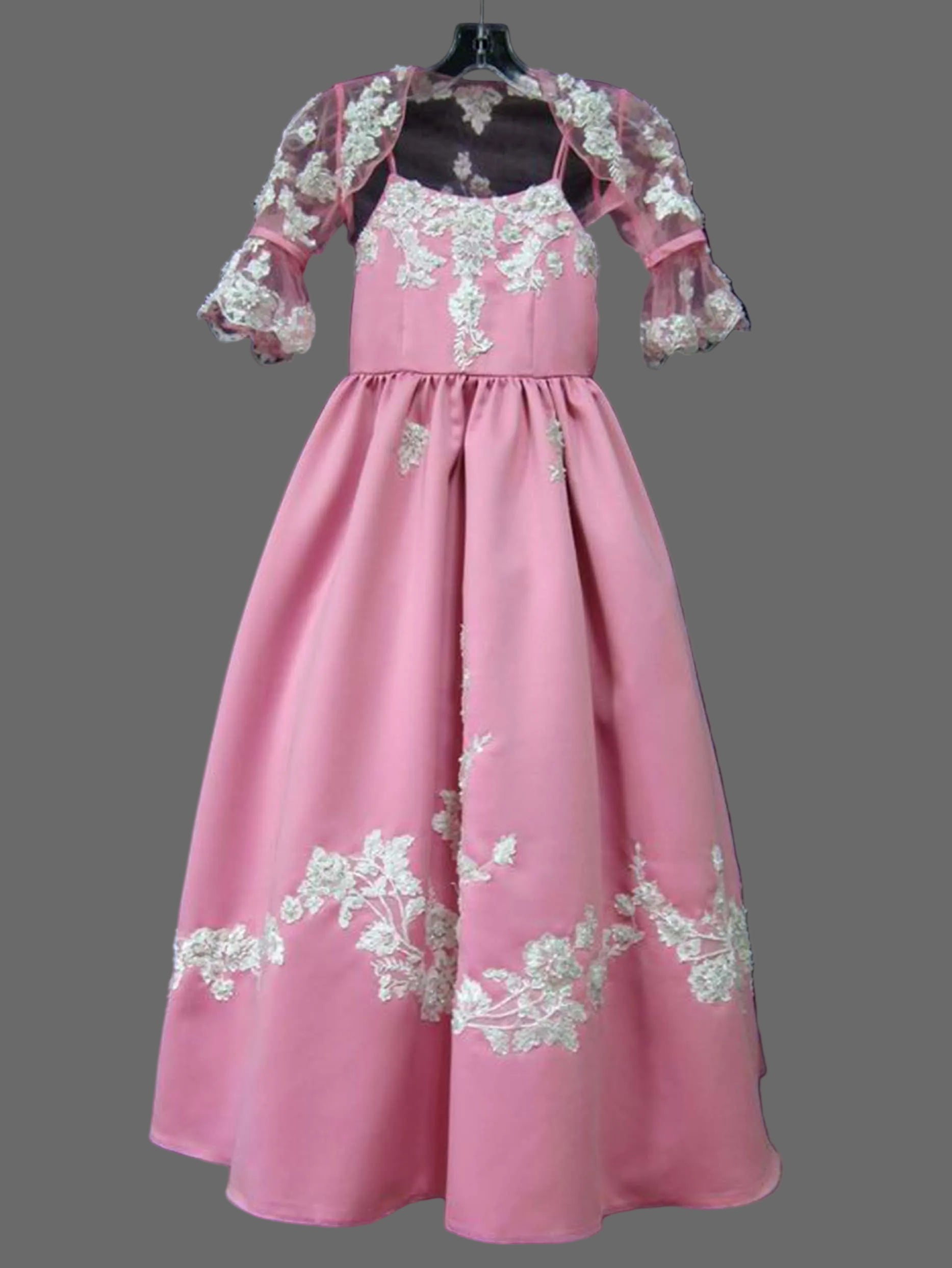 Girls Pink Satin Ball Gown Flower Girl Dress with Lace Bolero Jacket – Wedding Pageant Formal Gown