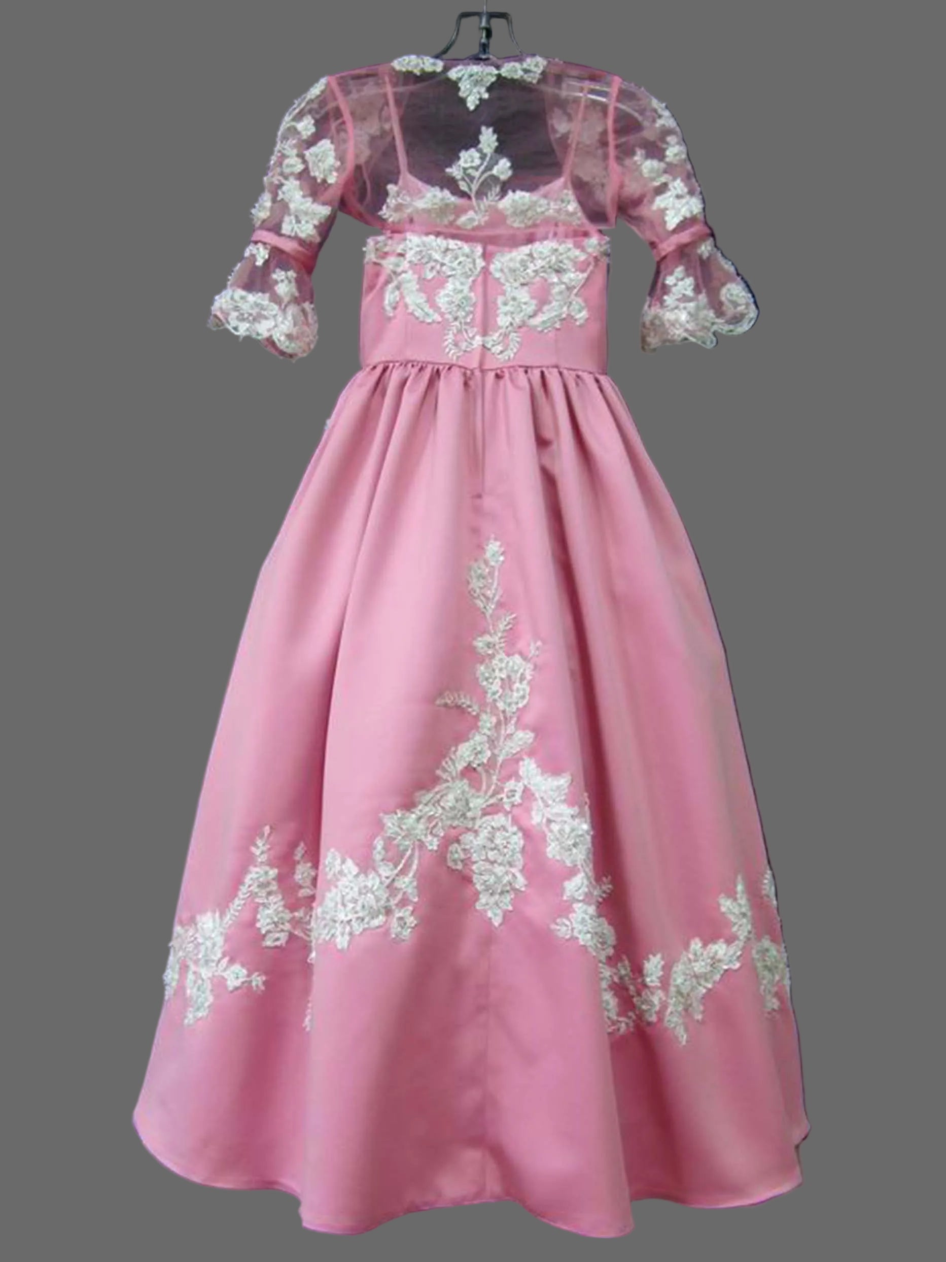 Girls Pink Satin Ball Gown Flower Girl Dress with Lace Bolero Jacket – Wedding Pageant Formal Gown
