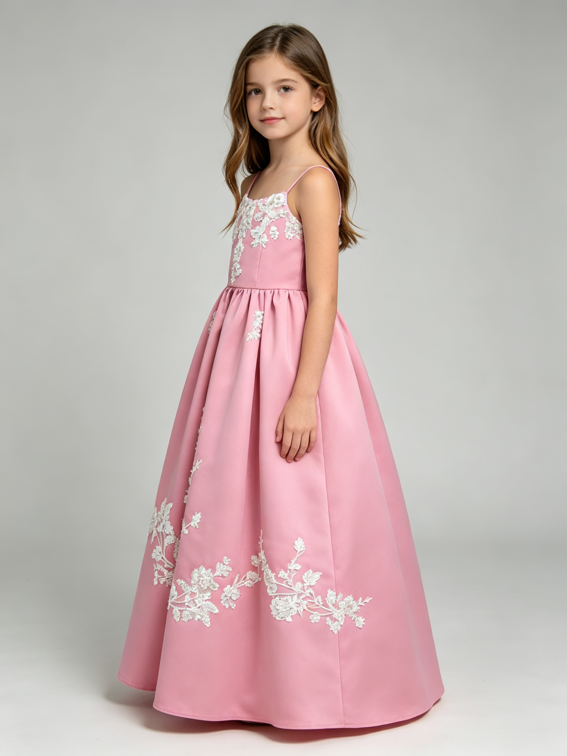 Girls Pink Satin Ball Gown Flower Girl Dress with Lace Bolero Jacket – Wedding Pageant Formal Gown
