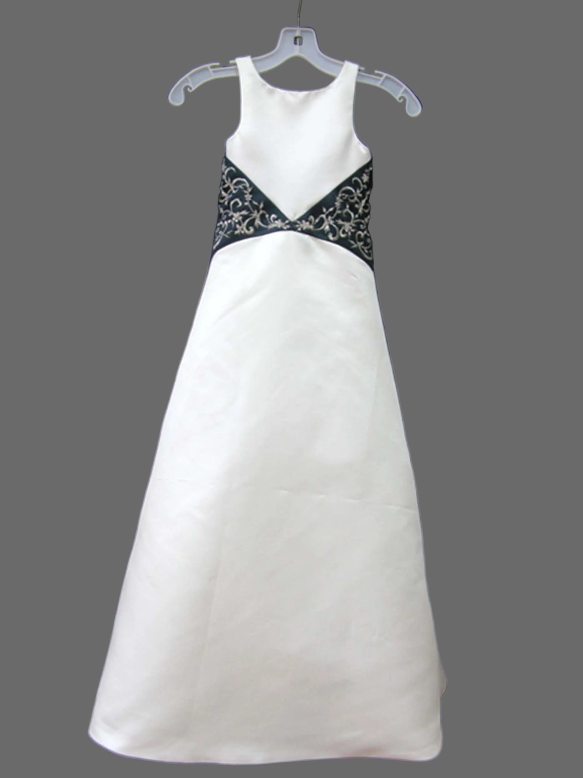 Girls White & Black Satin Flower Girl Dress with Embroidered Beaded Waistband – Sleeveless A-Line Floor Length Wedding Gown