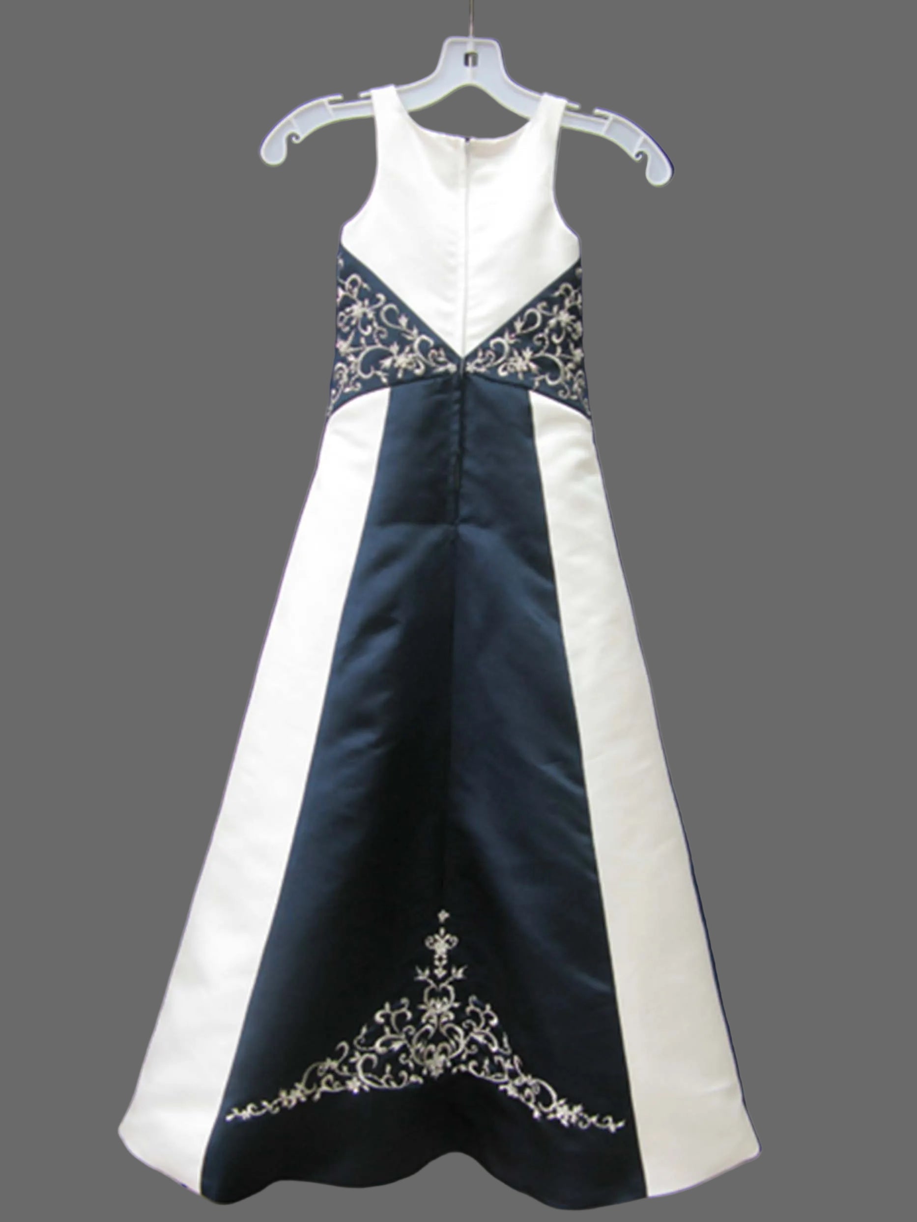 Girls White & Black Satin Flower Girl Dress with Embroidered Beaded Waistband – Sleeveless A-Line Floor Length Wedding Gown