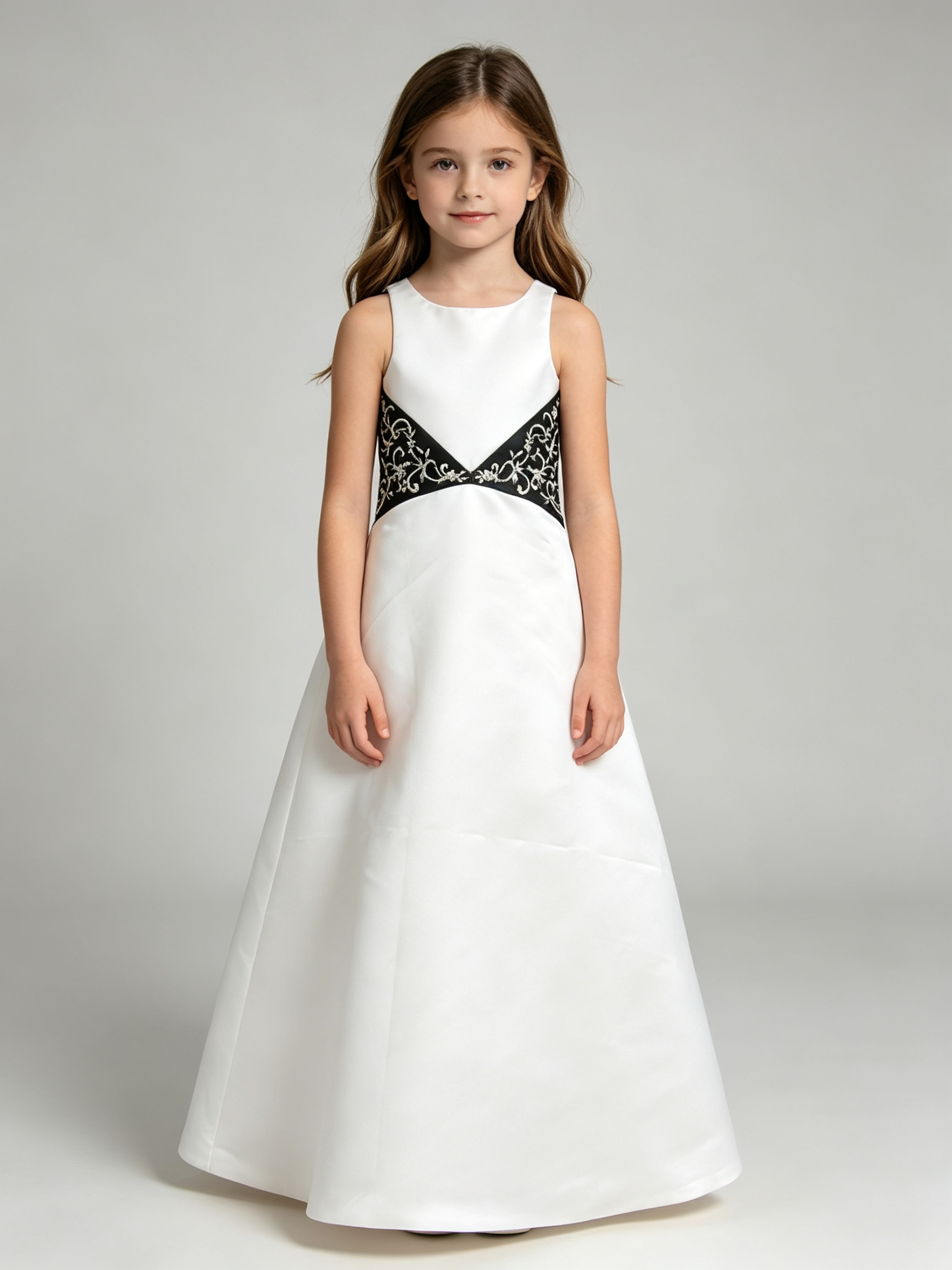 Girls White & Black Satin Flower Girl Dress with Embroidered Beaded Waistband – Sleeveless A-Line Floor Length Wedding Gown