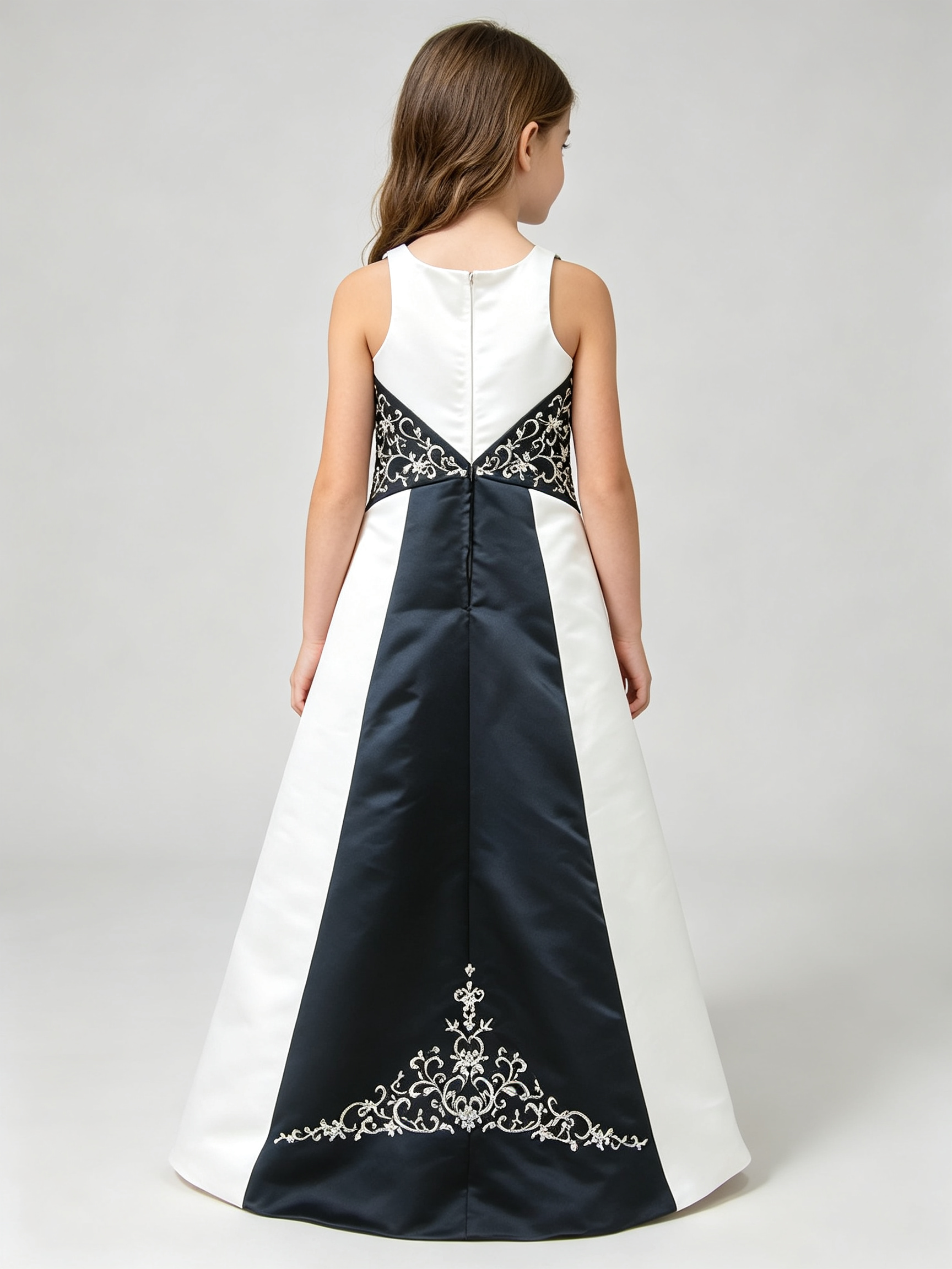 Girls White & Black Satin Flower Girl Dress with Embroidered Beaded Waistband – Sleeveless A-Line Floor Length Wedding Gown
