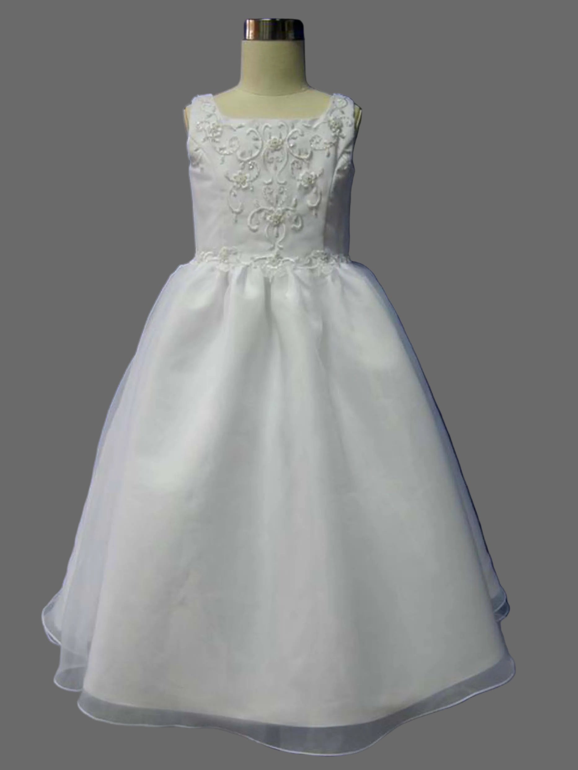 Girls White Organza Flower Girl Dress – Beaded Embroidered Bodice A-Line Gown for Wedding, First Communion & Baptism