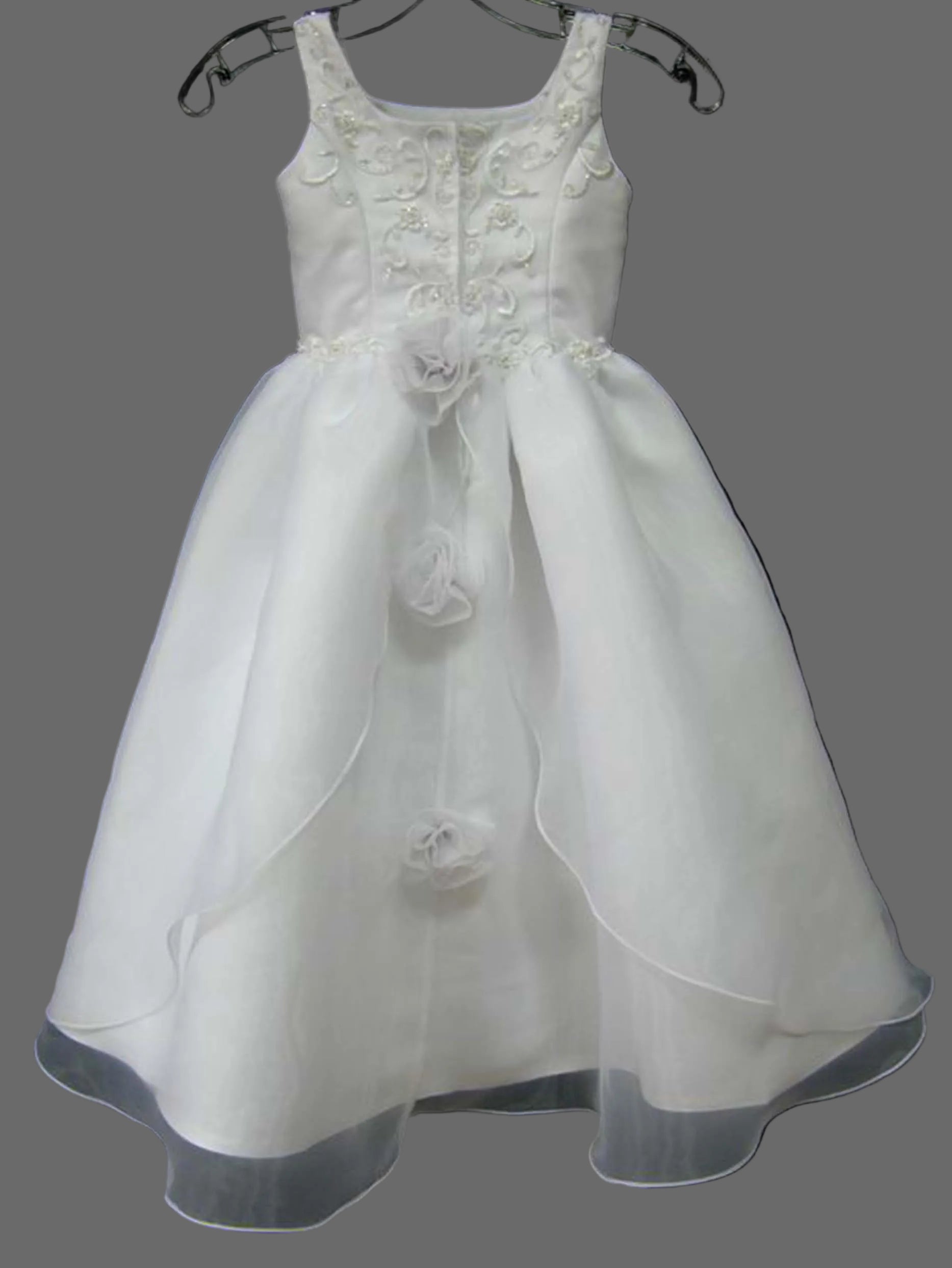 Girls White Organza Flower Girl Dress – Beaded Embroidered Bodice A-Line Gown for Wedding, First Communion & Baptism