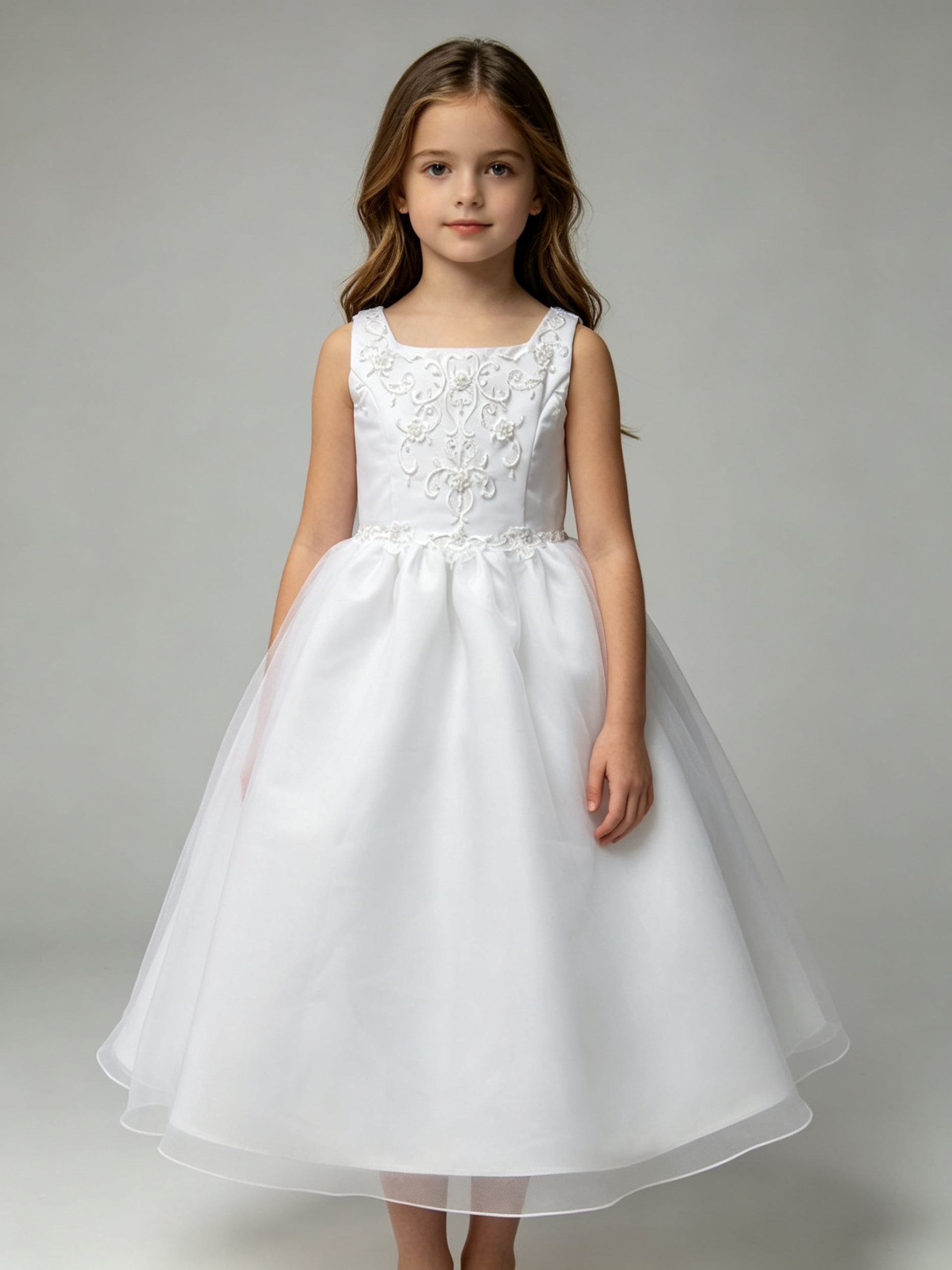 Girls White Organza Flower Girl Dress – Beaded Embroidered Bodice A-Line Gown for Wedding, First Communion & Baptism