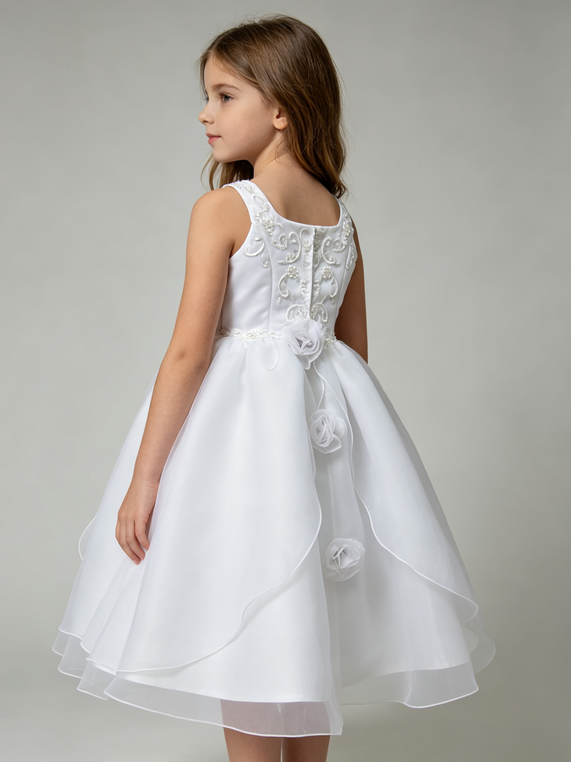Girls White Organza Flower Girl Dress – Beaded Embroidered Bodice A-Line Gown for Wedding, First Communion & Baptism