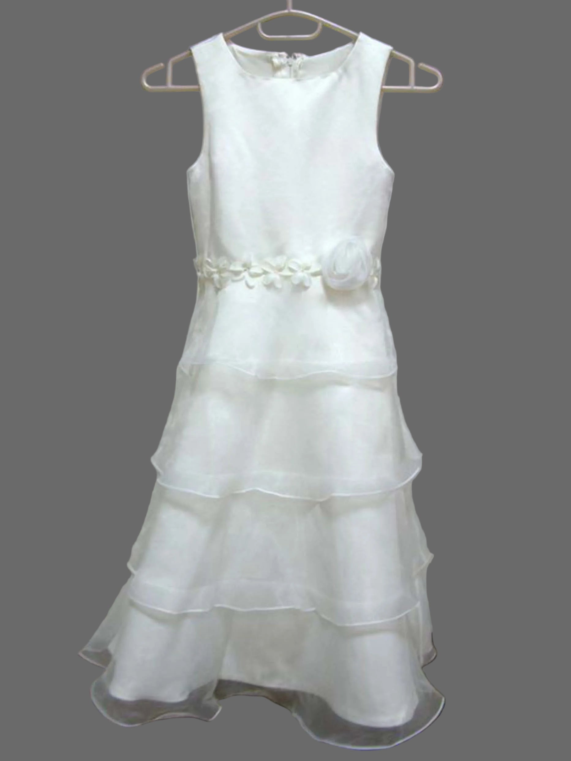 Girls White Organza Tiered Flower Girl Dress with Floral Sash – Sleeveless A-Line Wedding Party Gown