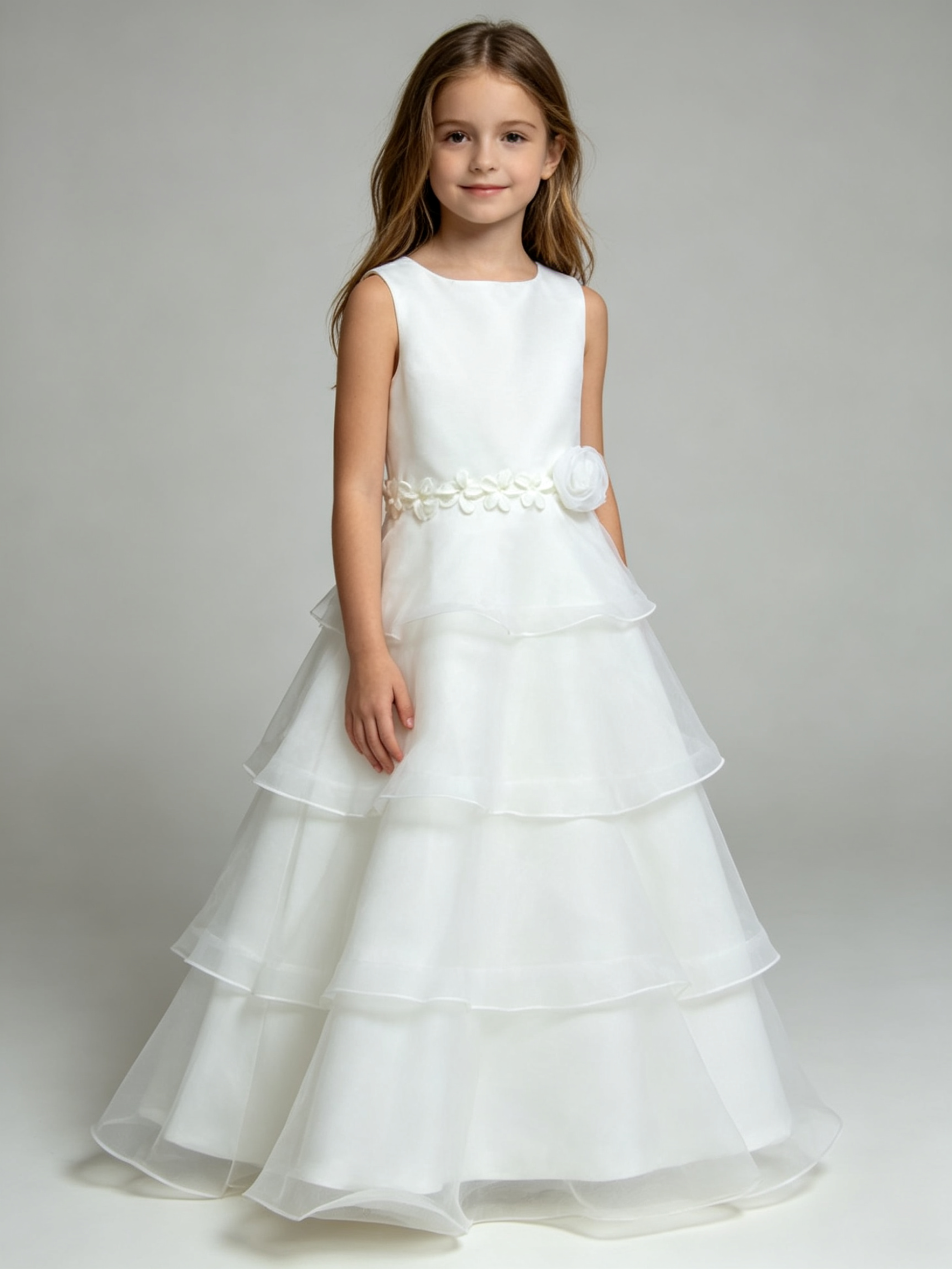 Girls White Organza Tiered Flower Girl Dress with Floral Sash – Sleeveless A-Line Wedding Party Gown