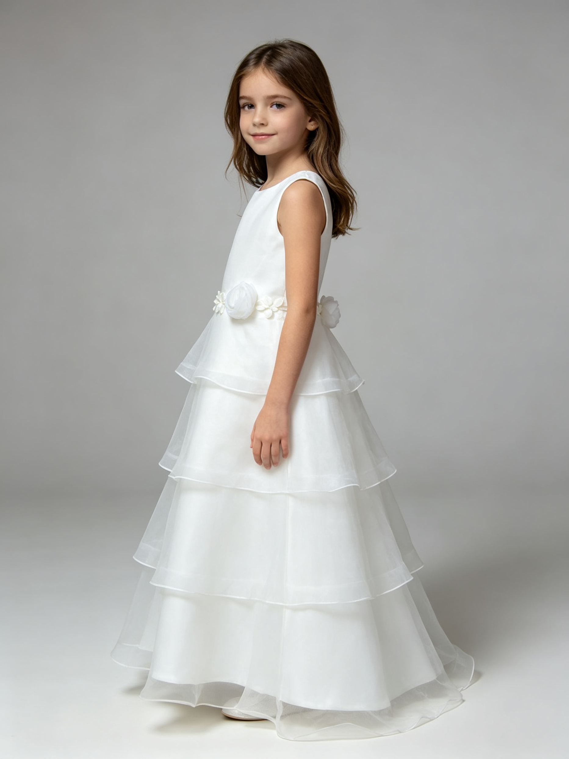 Girls White Organza Tiered Flower Girl Dress with Floral Sash – Sleeveless A-Line Wedding Party Gown