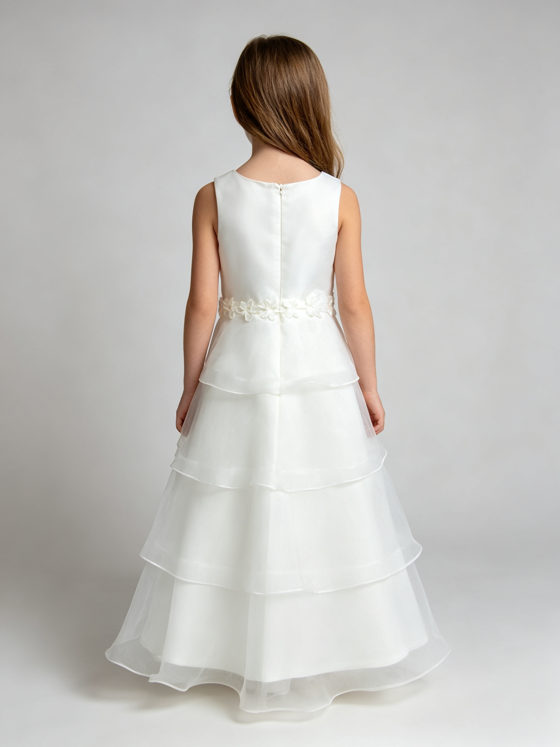 Girls White Organza Tiered Flower Girl Dress with Floral Sash – Sleeveless A-Line Wedding Party Gown