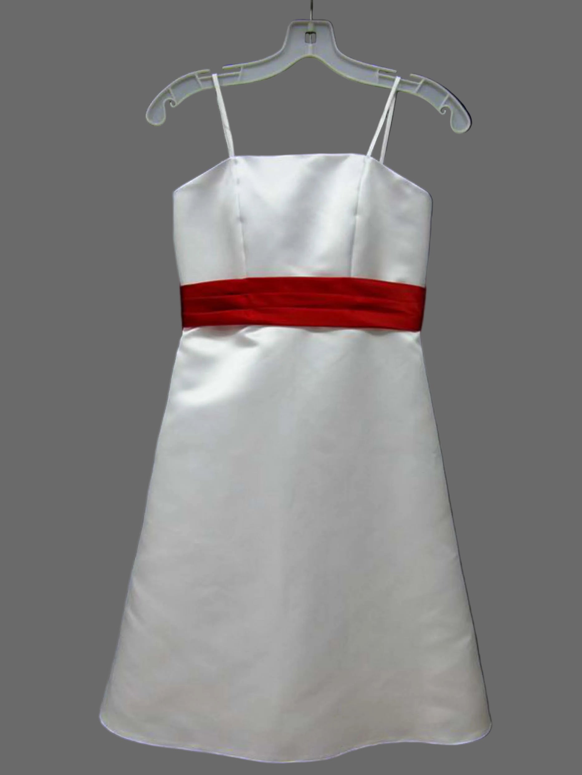 Girls White Satin A-Line Flower Girl Dress with Red Sash – Junior Bridesmaid Wedding Gown