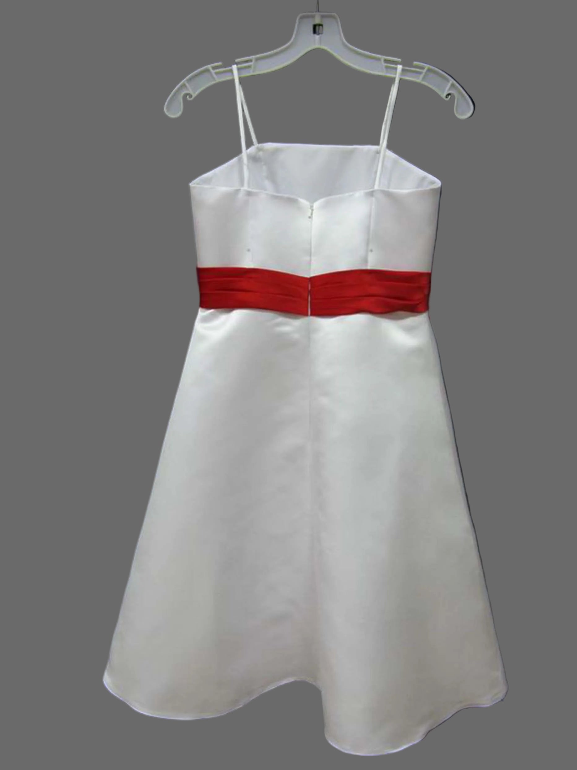 Girls White Satin A-Line Flower Girl Dress with Red Sash – Junior Bridesmaid Wedding Gown