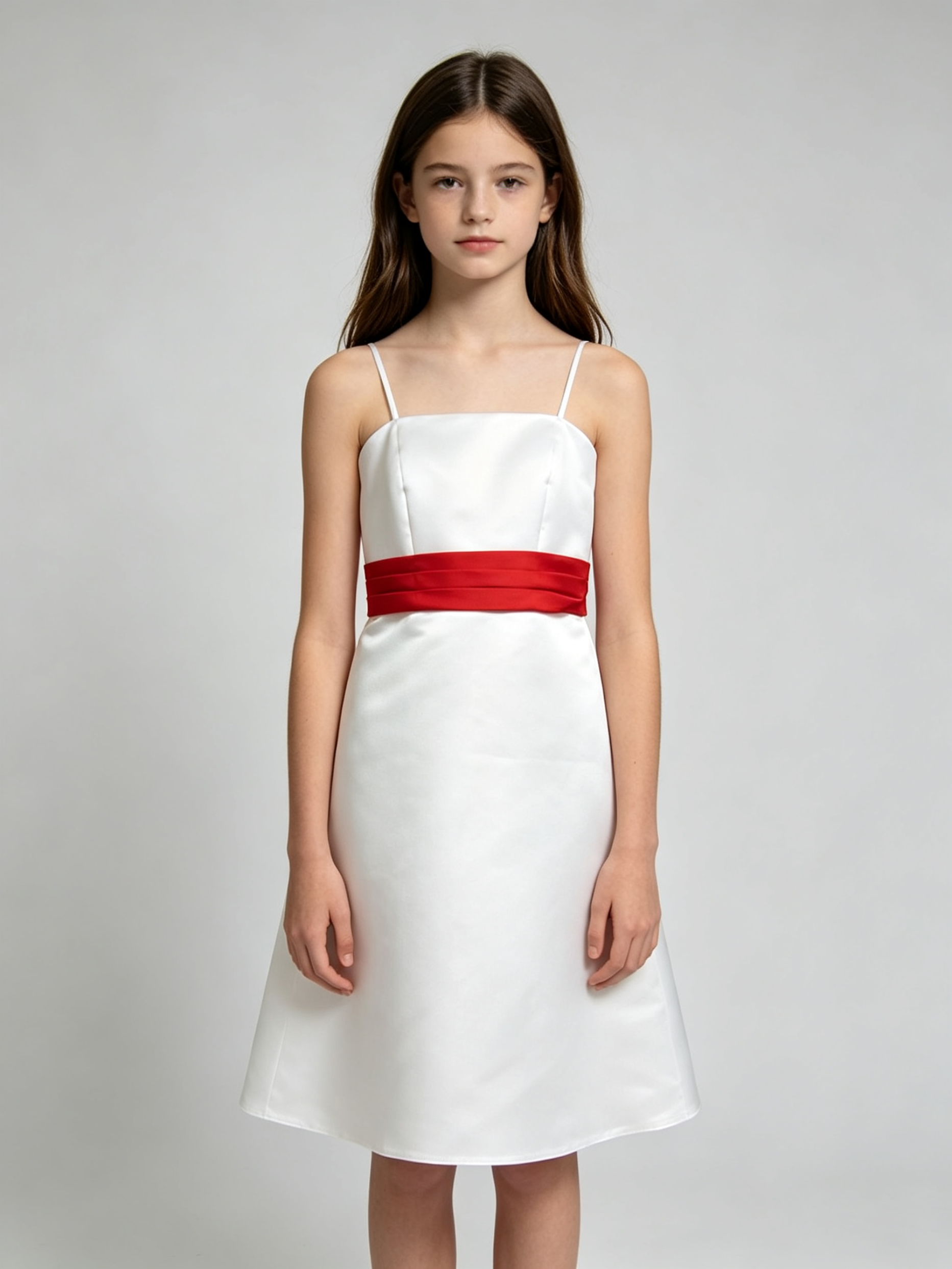Girls White Satin A-Line Flower Girl Dress with Red Sash – Junior Bridesmaid Wedding Gown