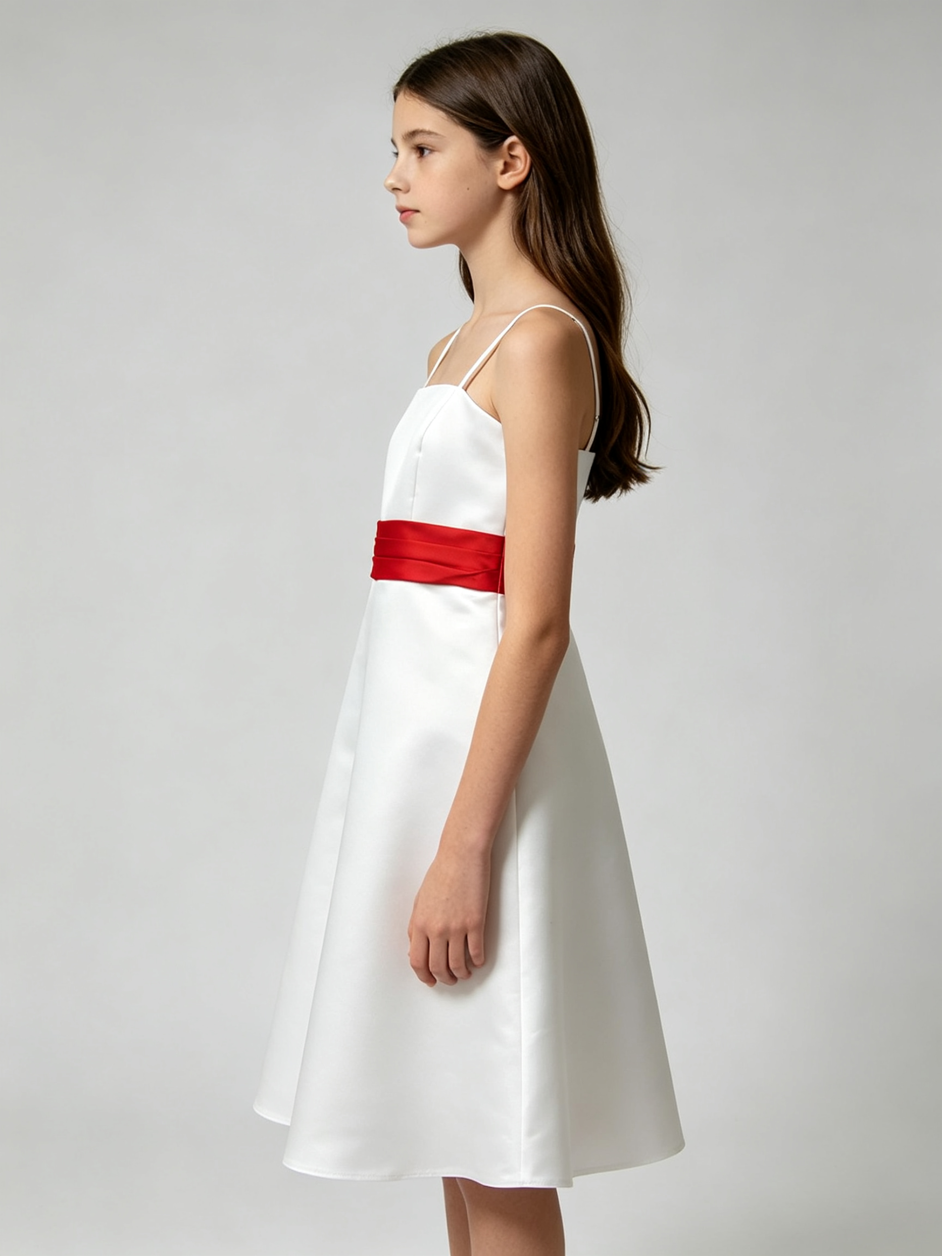 Girls White Satin A-Line Flower Girl Dress with Red Sash – Junior Bridesmaid Wedding Gown