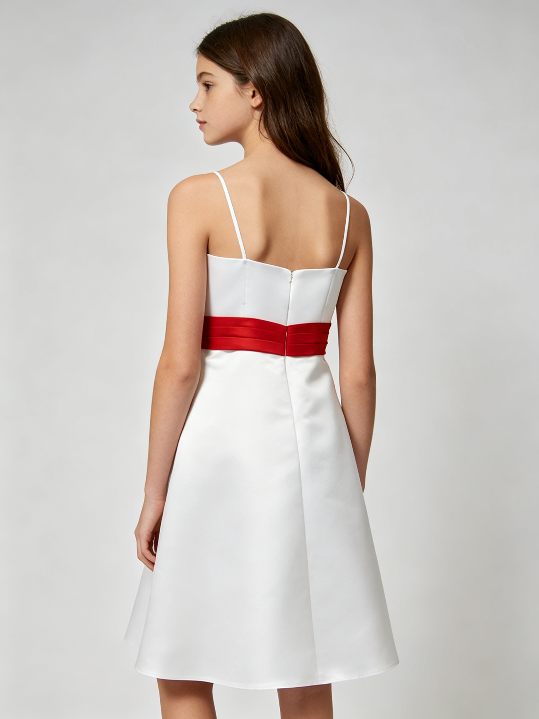 Girls White Satin A-Line Flower Girl Dress with Red Sash – Junior Bridesmaid Wedding Gown