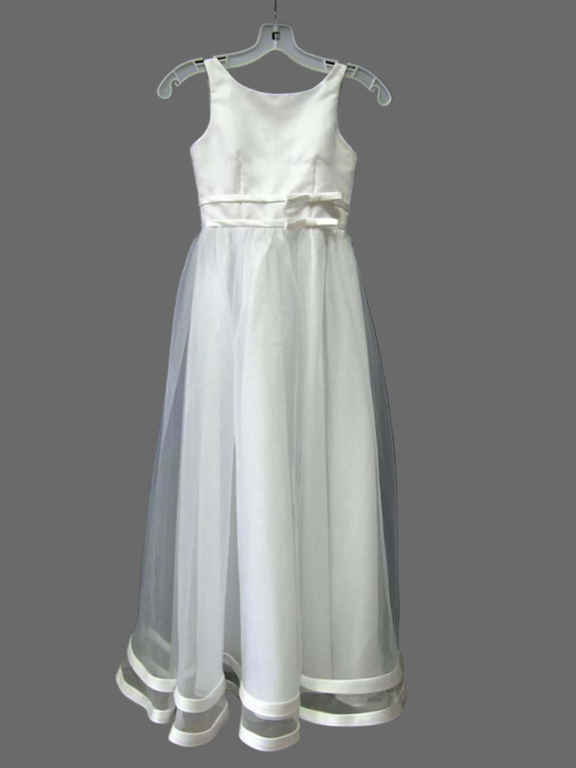 Girls White Satin Tulle Flower Girl Dress with Bow Sash – A-Line Floor Length First Communion Gown