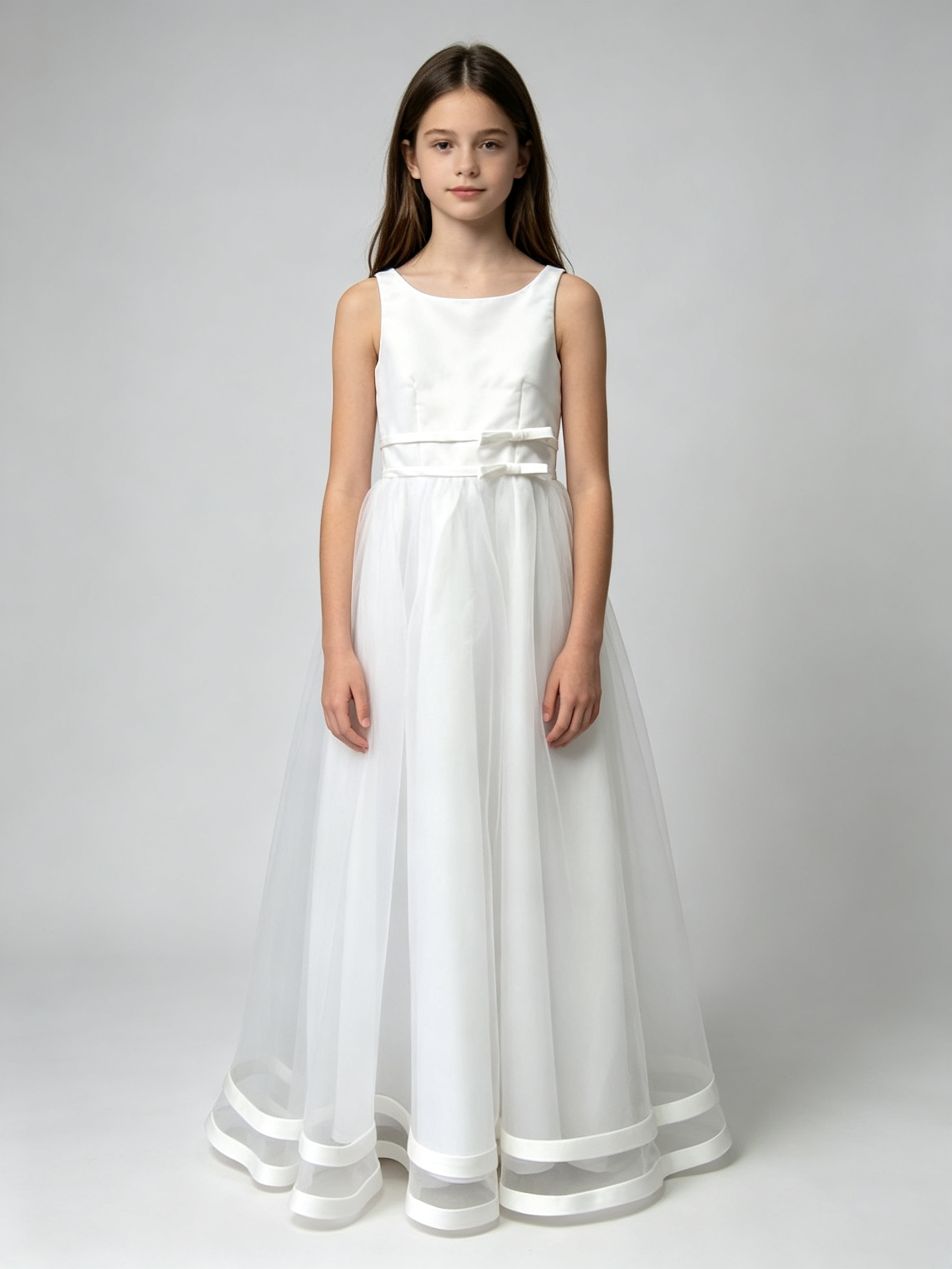 Girls White Satin Tulle Flower Girl Dress with Bow Sash – A-Line Floor Length First Communion Gown
