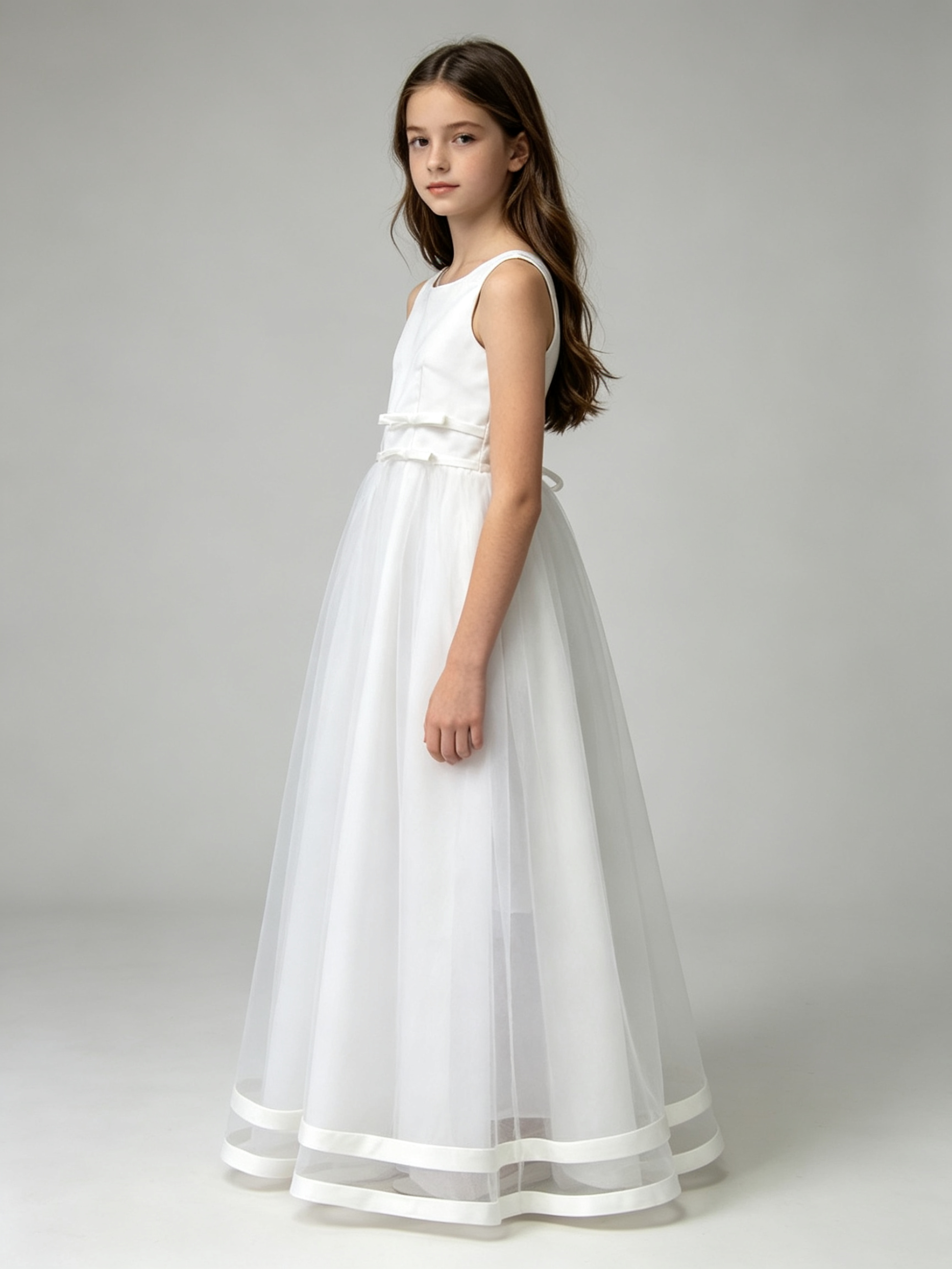 Girls White Satin Tulle Flower Girl Dress with Bow Sash – A-Line Floor Length First Communion Gown