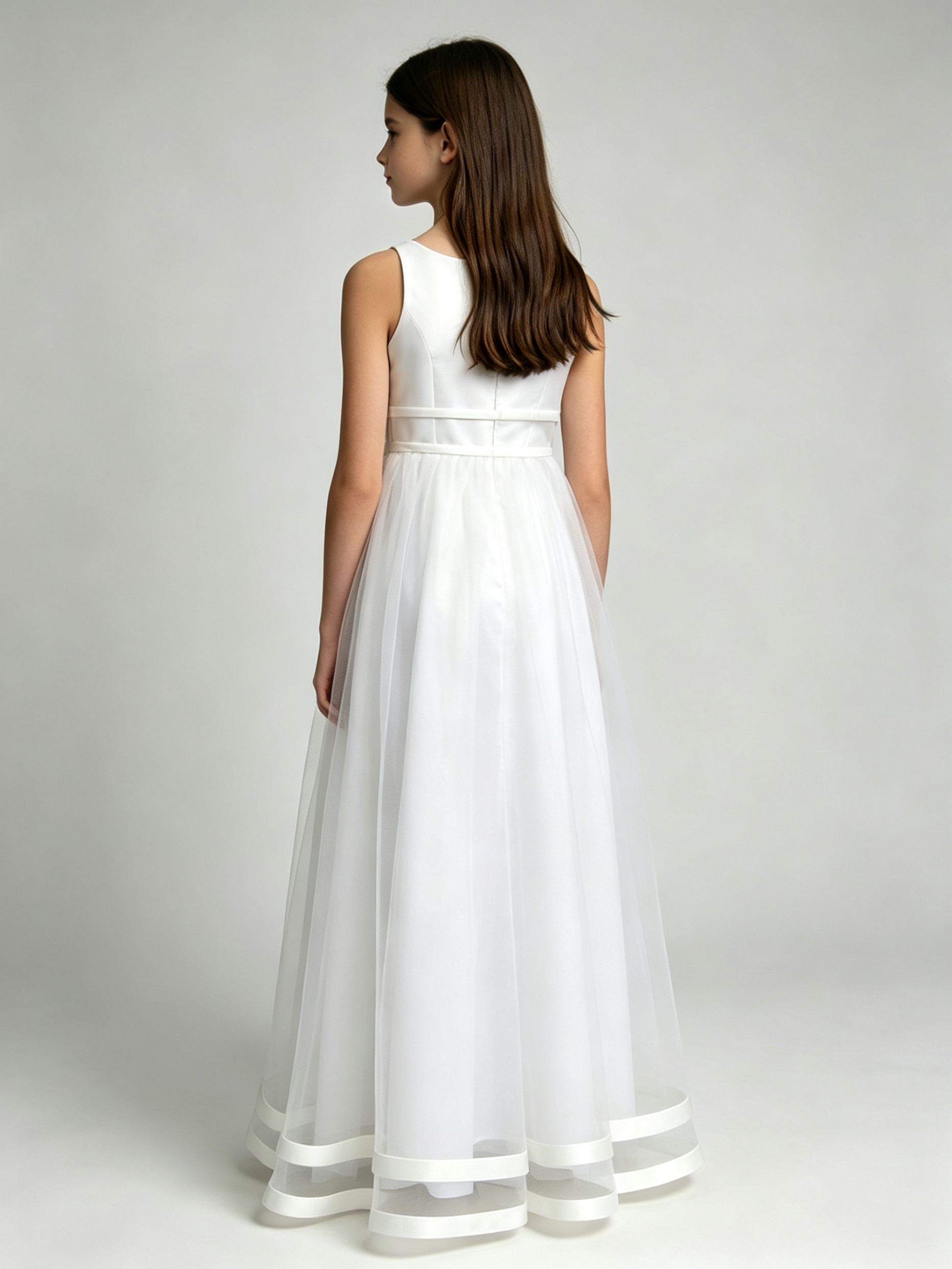 Girls White Satin Tulle Flower Girl Dress with Bow Sash – A-Line Floor Length First Communion Gown