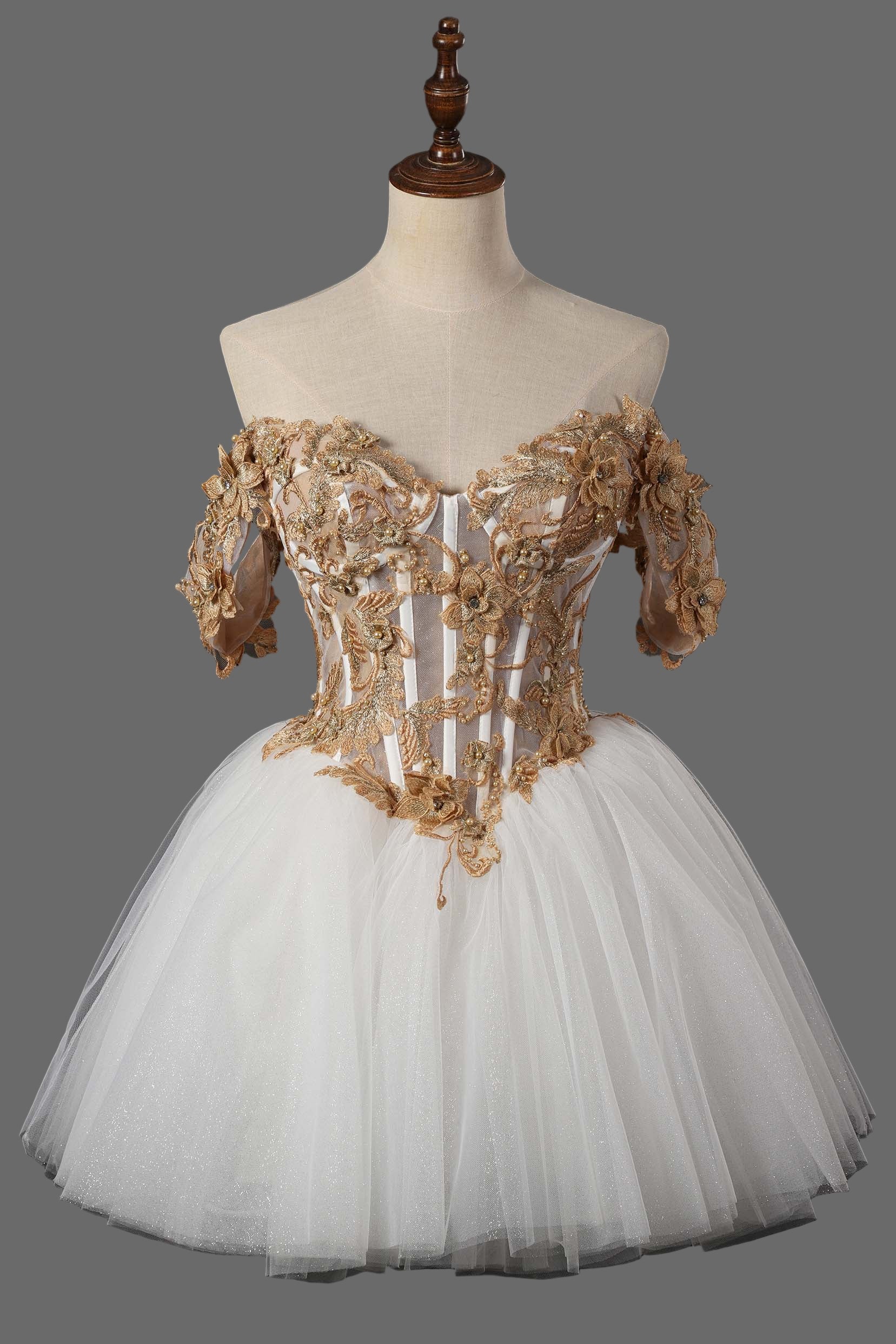 Gold Lace Off-Shoulder Short Ball Gown