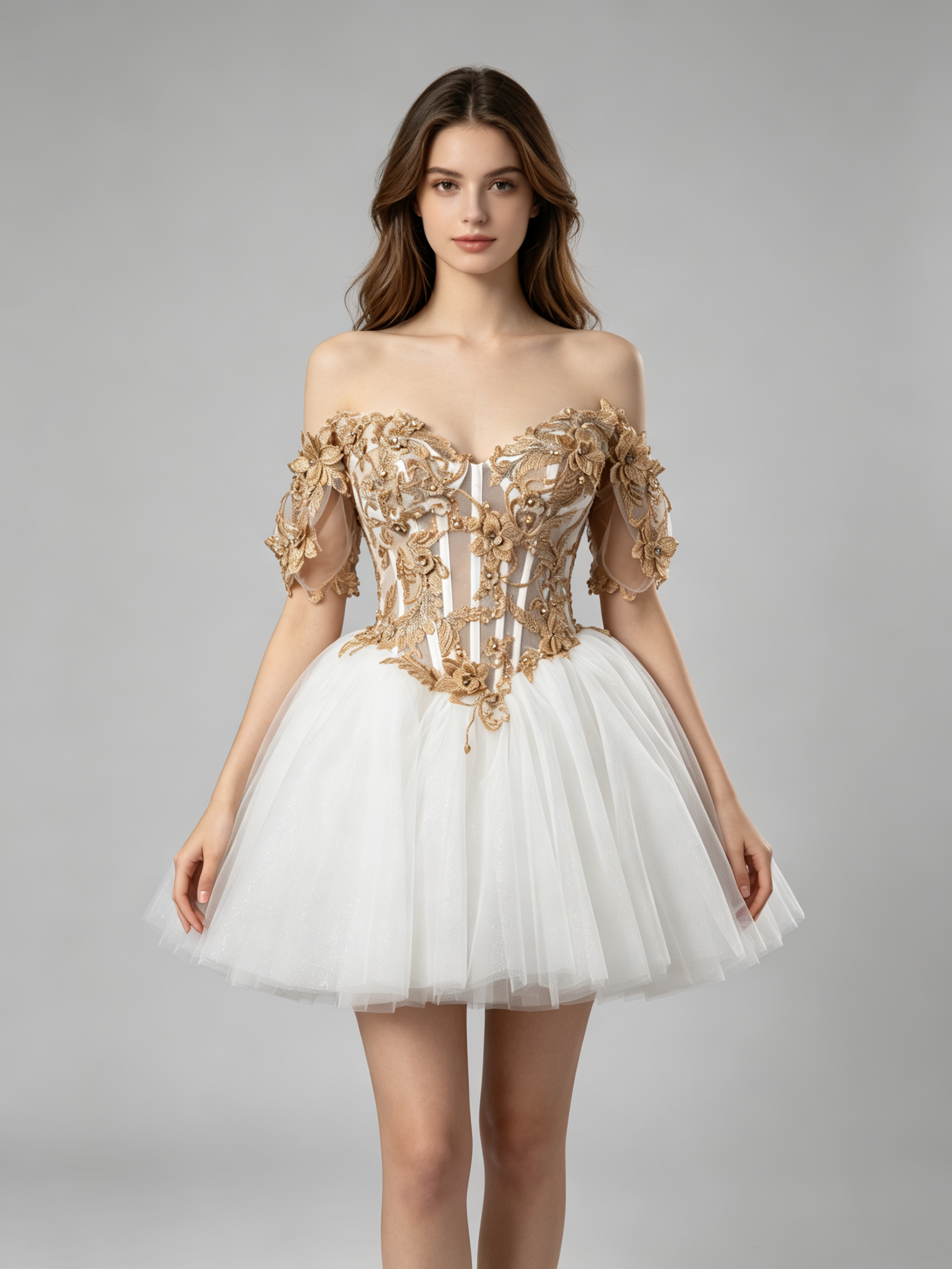 Gold Lace Off-Shoulder Short Ball Gown