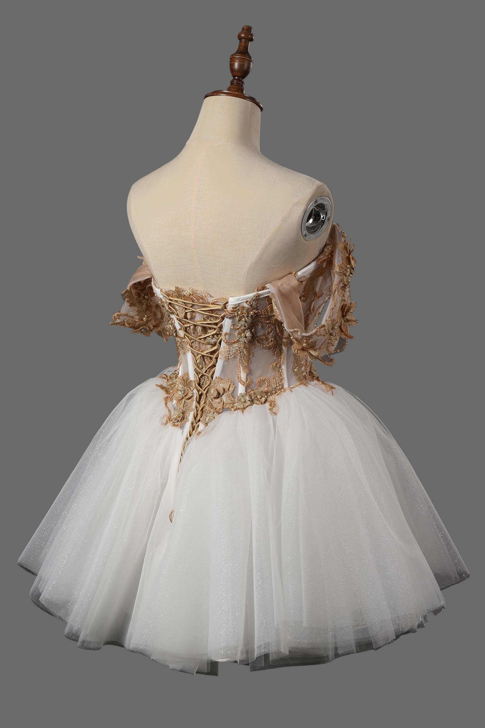 Gold Lace Off-Shoulder Short Ball Gown
