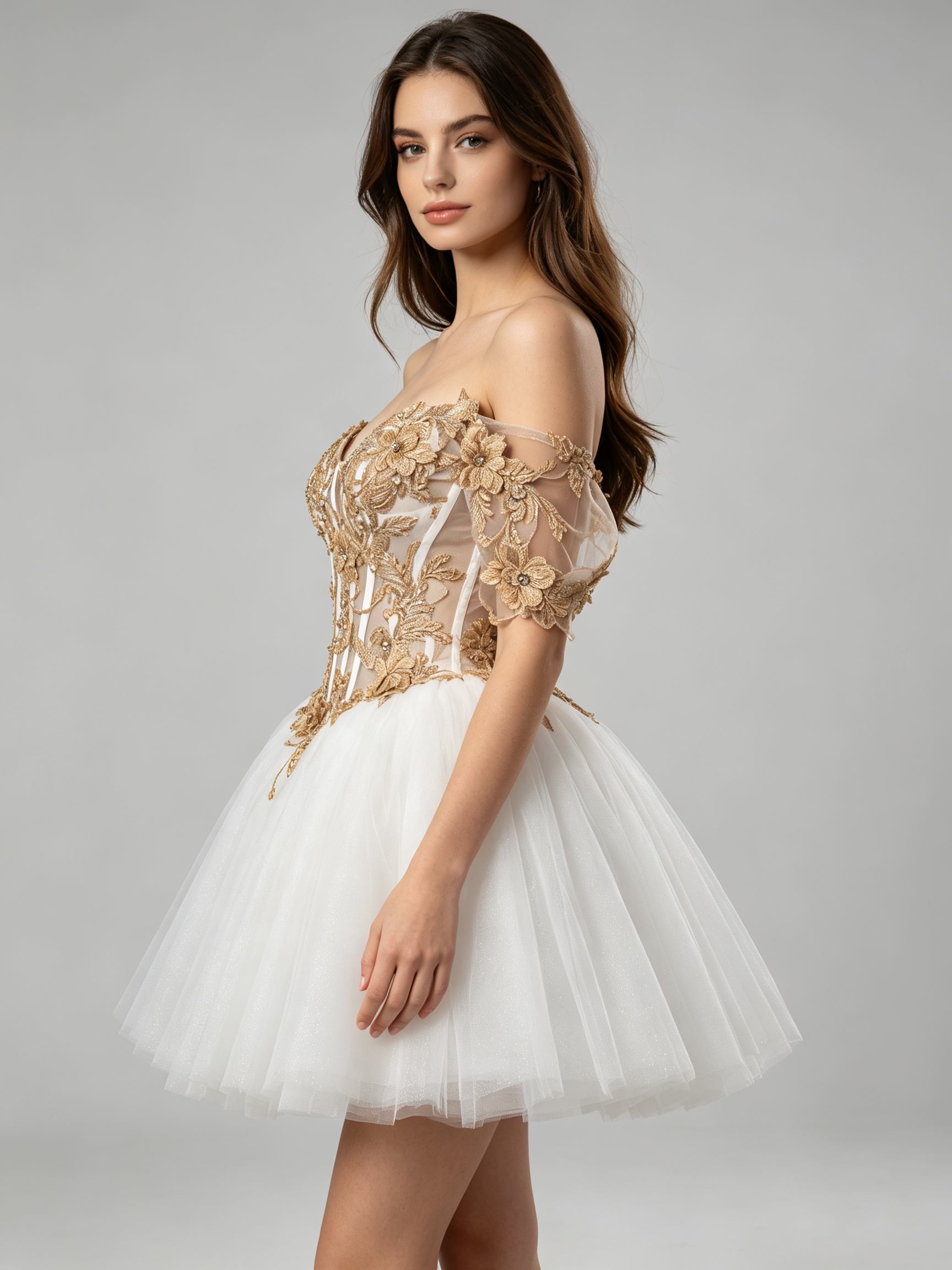 Gold Lace Off-Shoulder Short Ball Gown