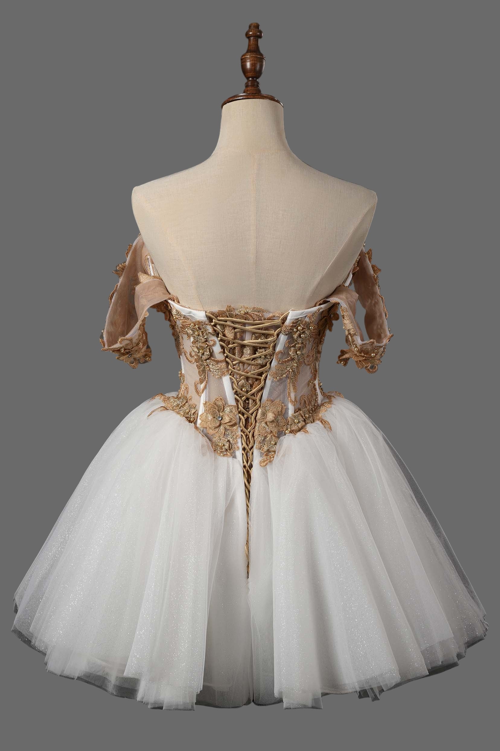 Gold Lace Off-Shoulder Short Ball Gown