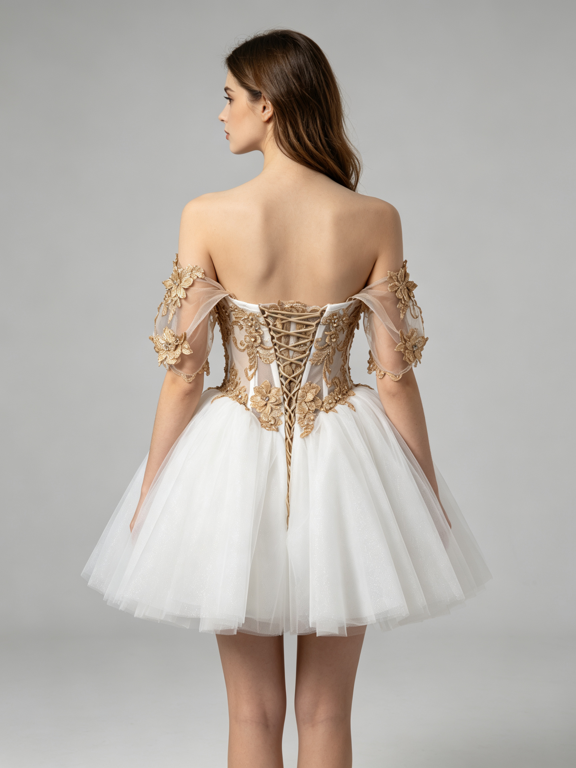 Gold Lace Off-Shoulder Short Ball Gown