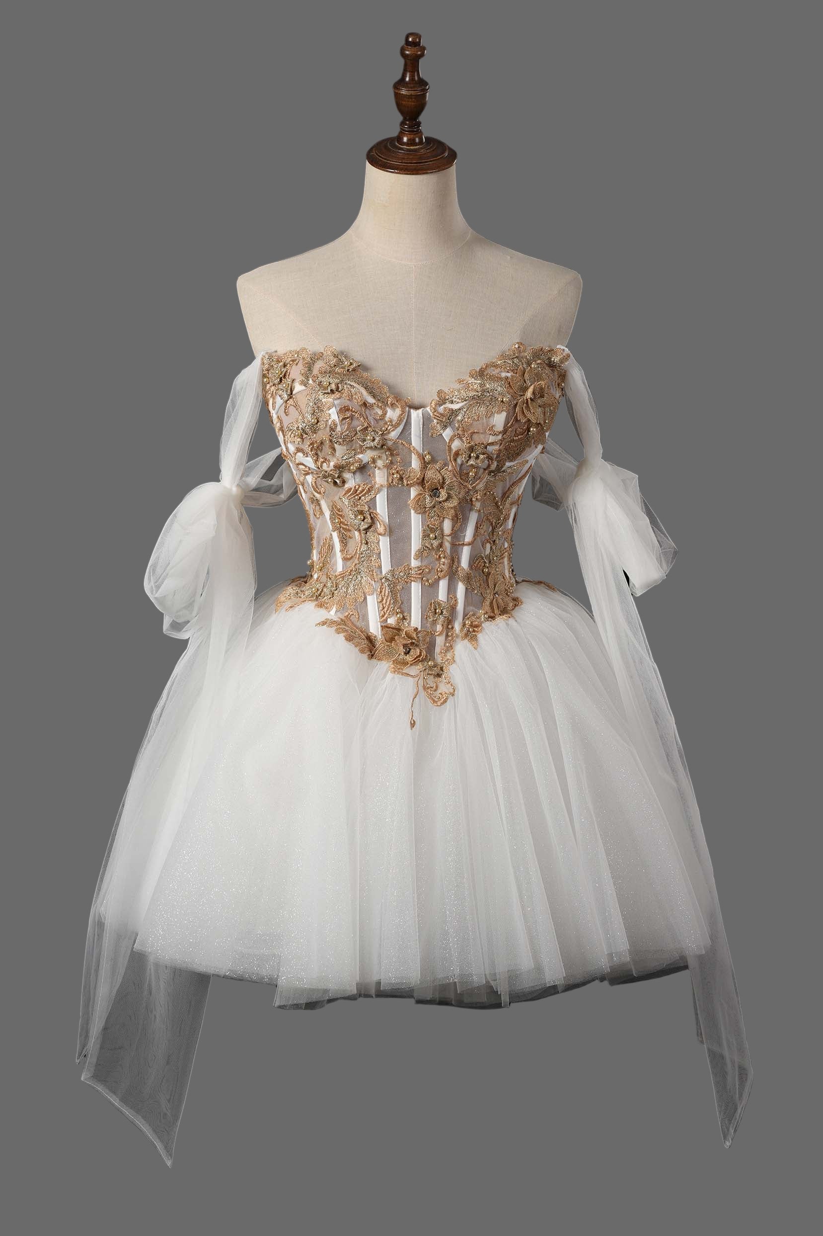 Gold Lace Off-Shoulder Short Ball Gown