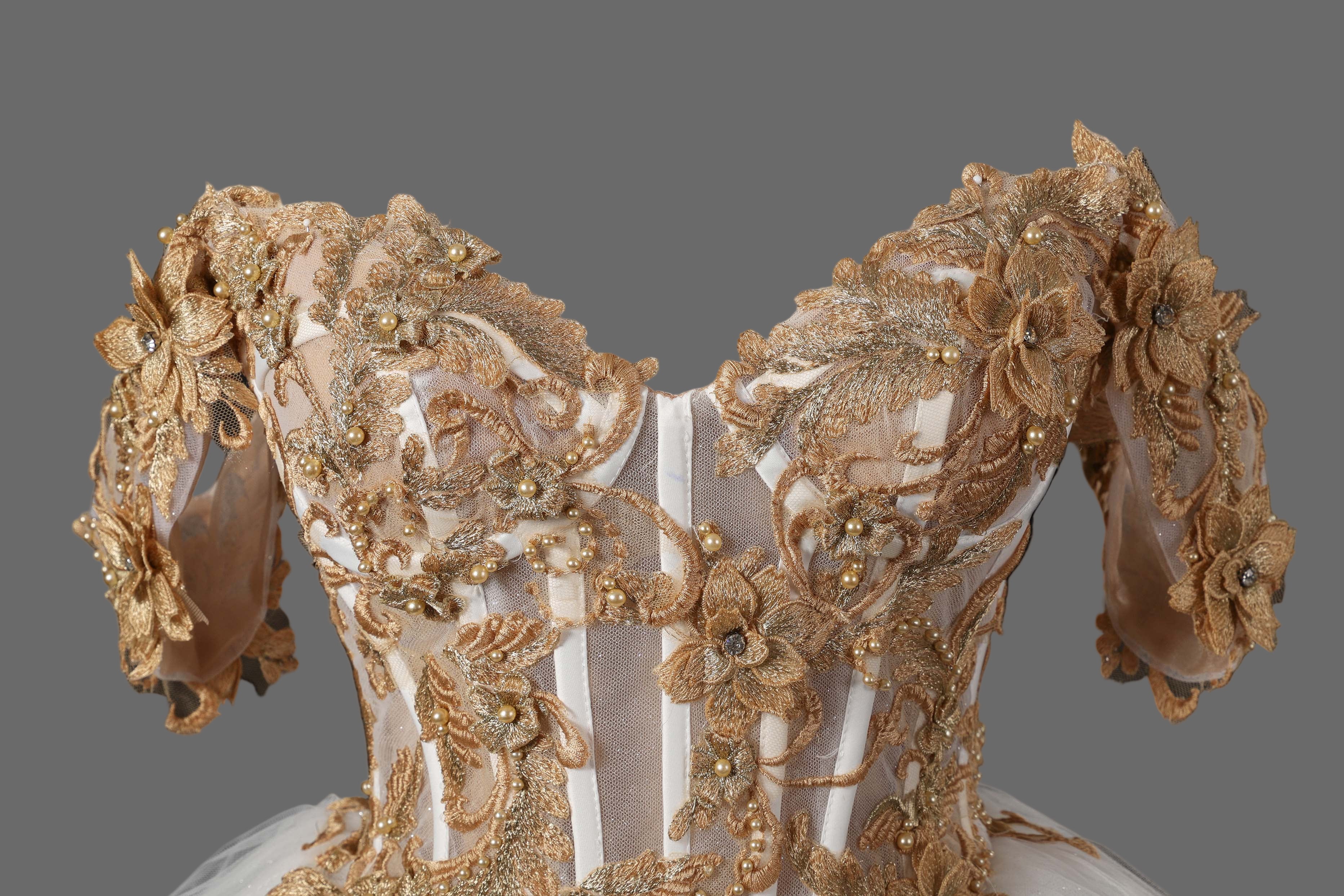 Gold Lace Off-Shoulder Short Ball Gown