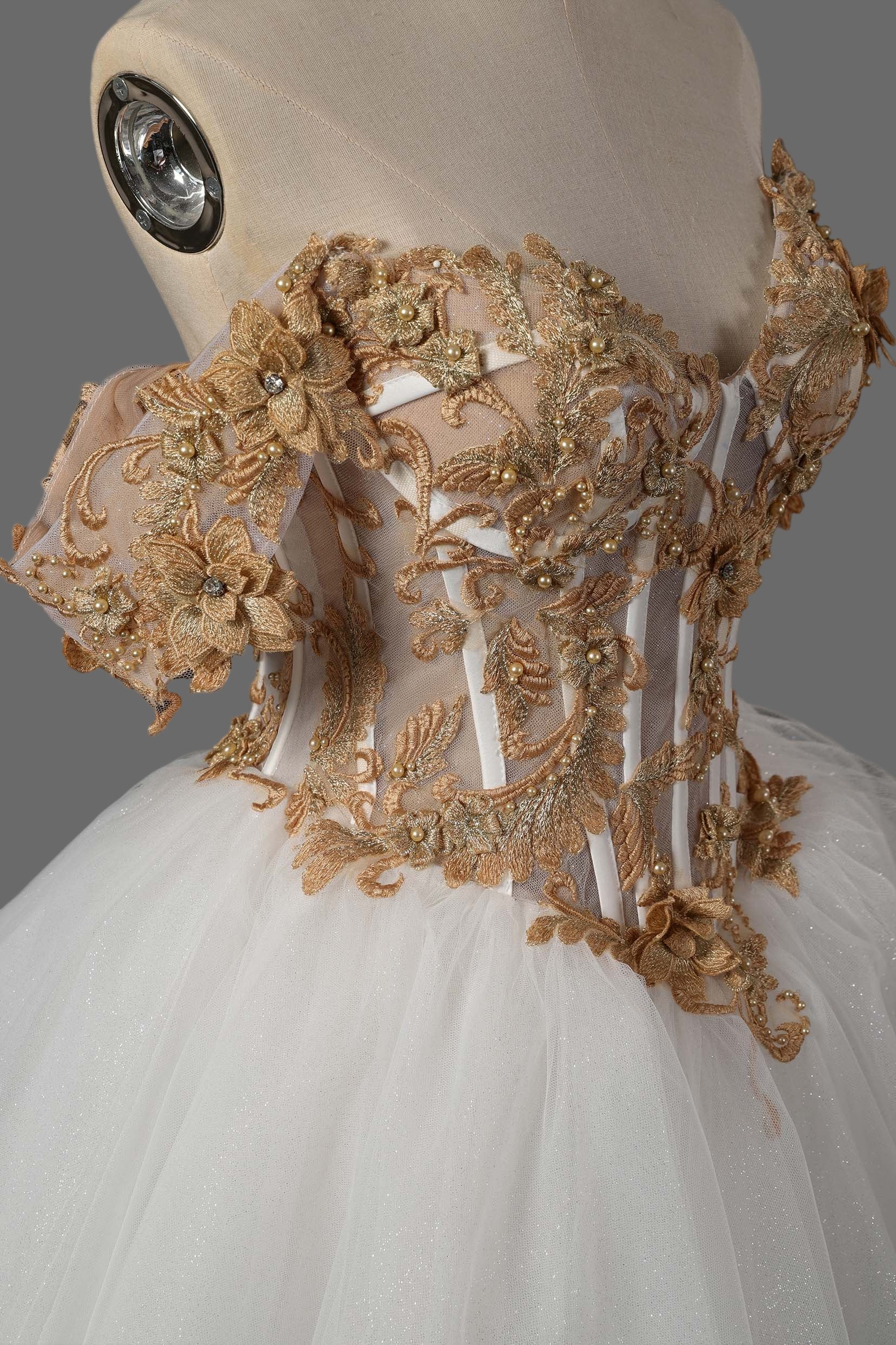 Gold Lace Off-Shoulder Short Ball Gown