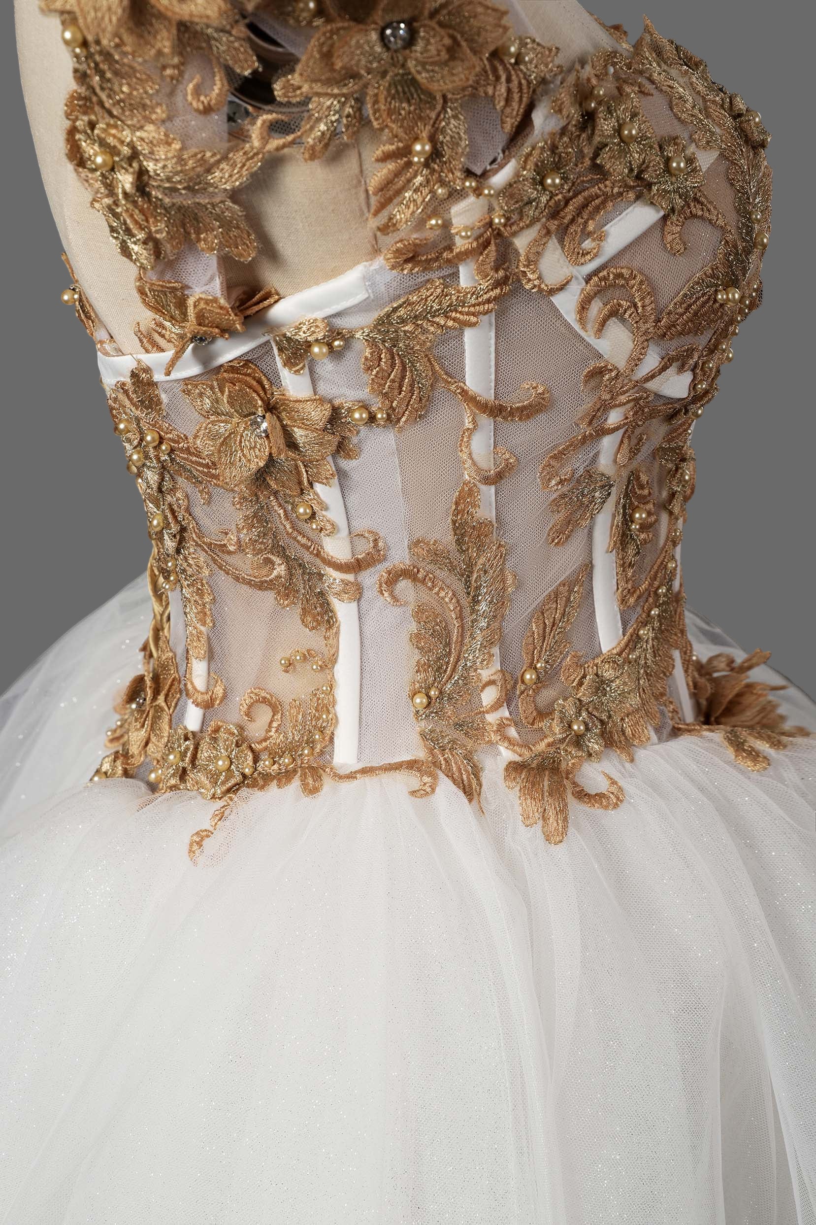 Gold Lace Off-Shoulder Short Ball Gown