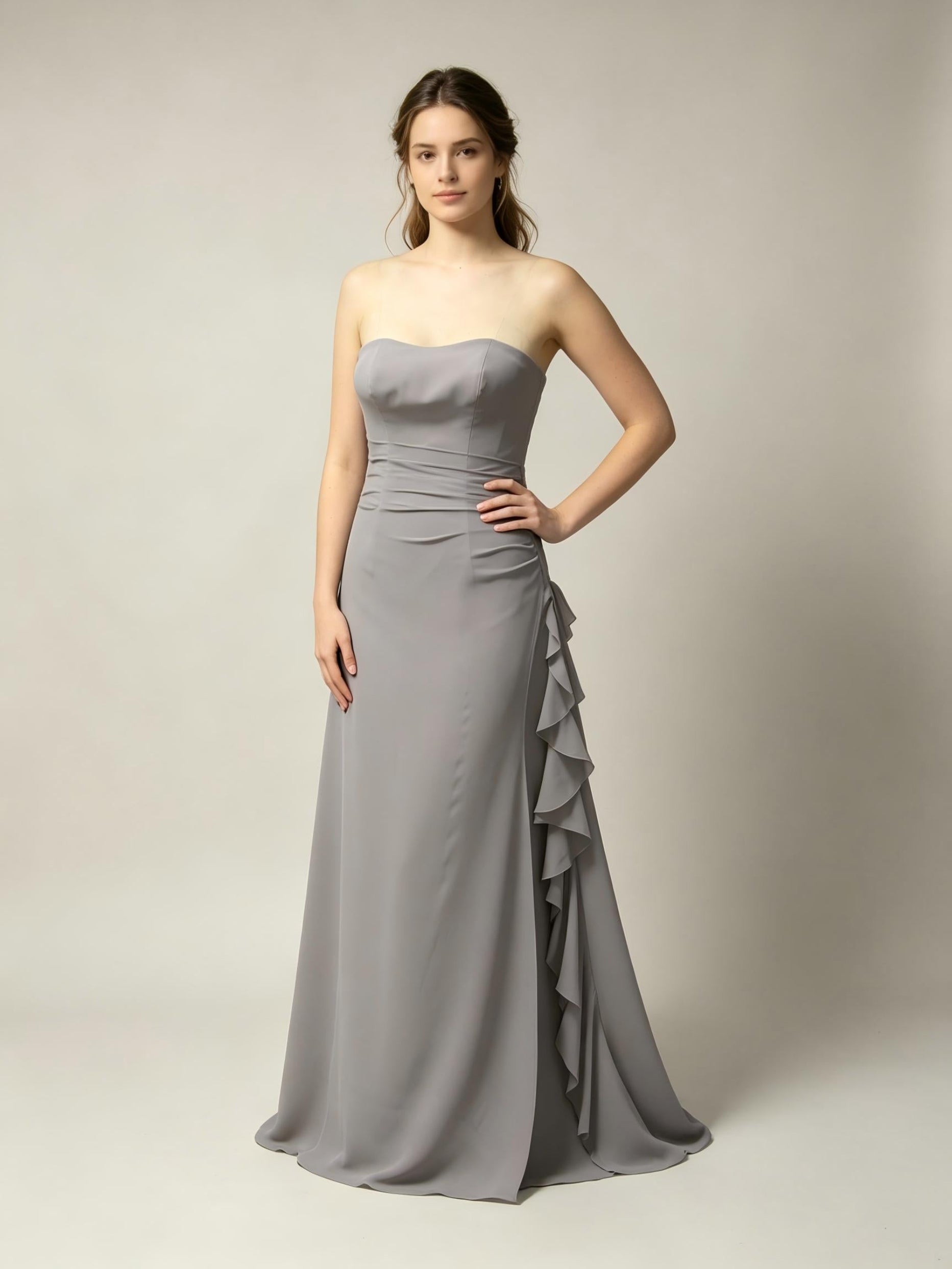 Gray Strapless Chiffon Bridesmaid Dress – A-Line Ruched Cascade Gown
