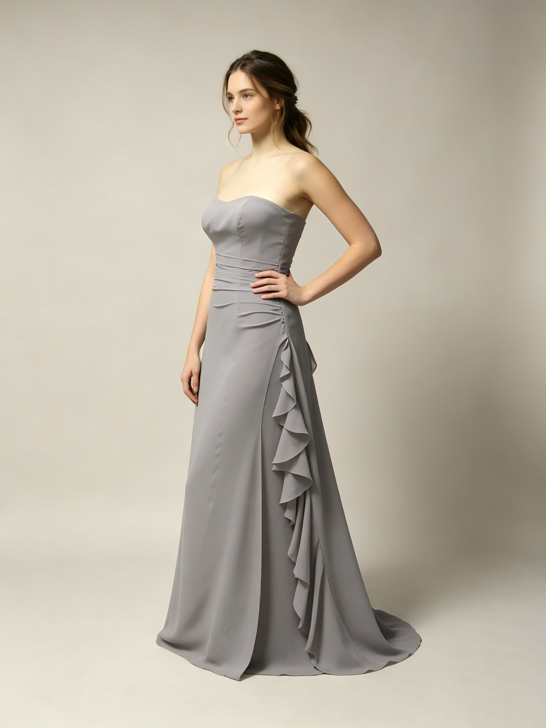 Gray Strapless Chiffon Bridesmaid Dress – A-Line Ruched Cascade Gown