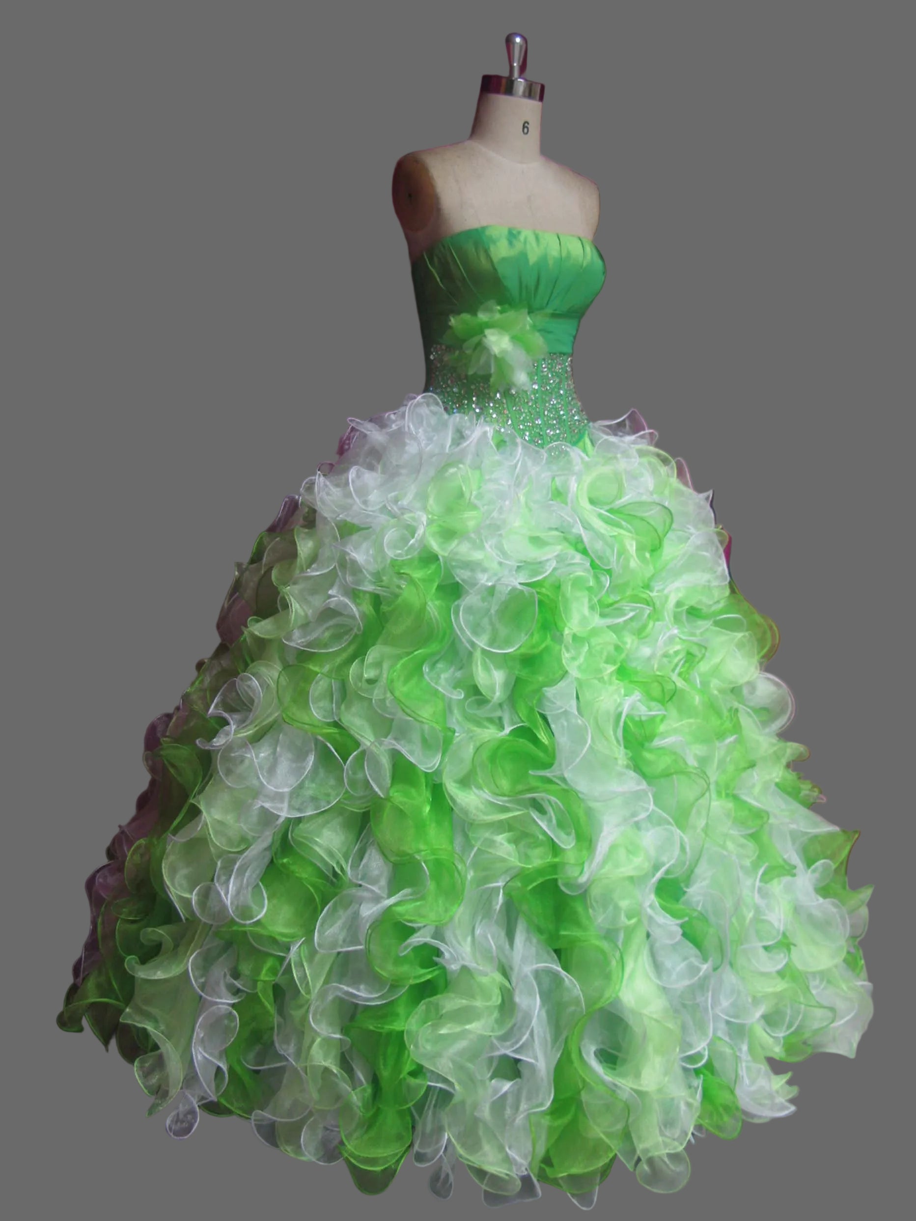 Green and White Ball Gown Quinceanera Dress Strapless Ruffled Organza Beaded Waist Prom Formal Dress