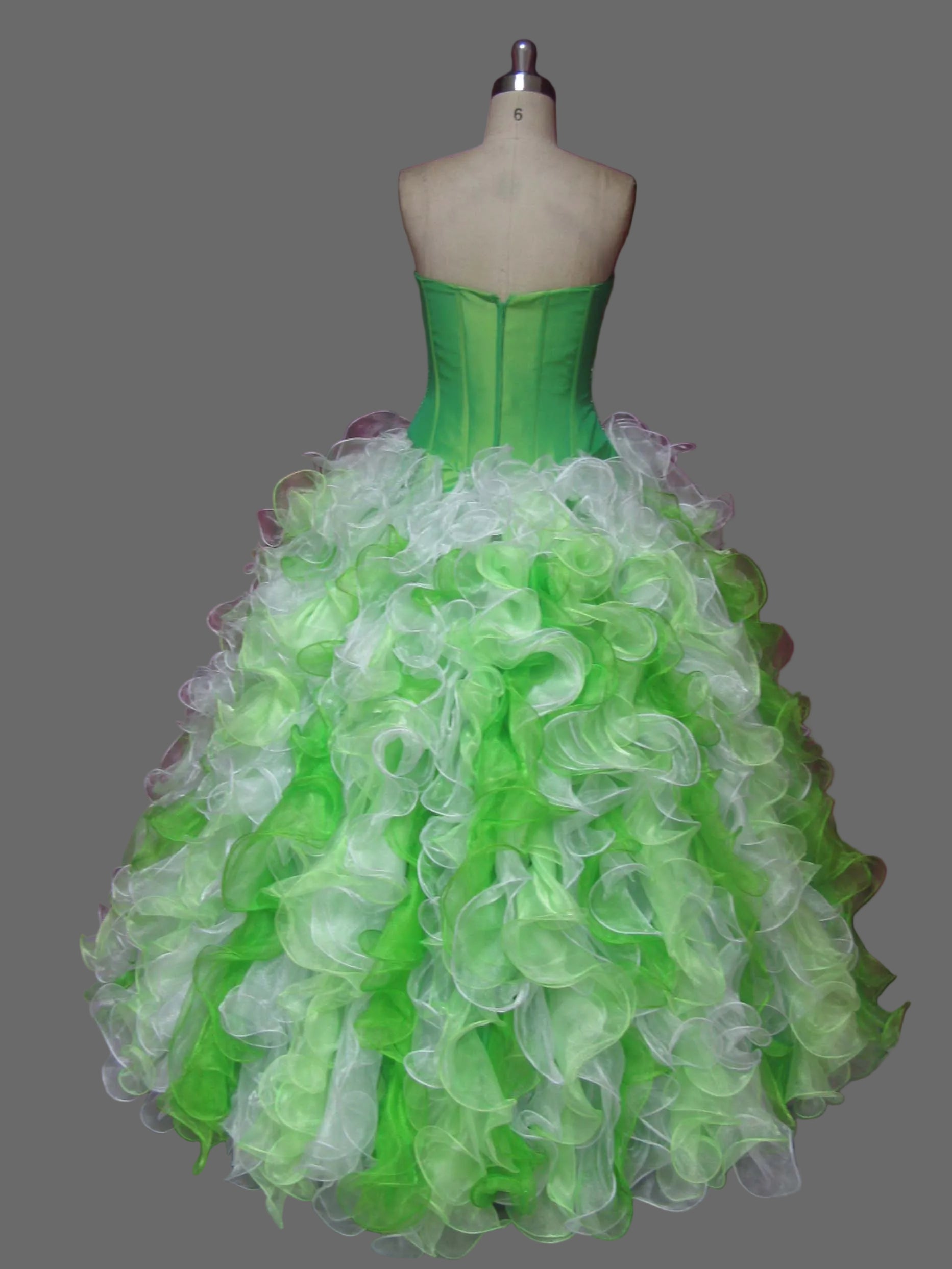 Green and White Ball Gown Quinceanera Dress Strapless Ruffled Organza Beaded Waist Prom Formal Dress