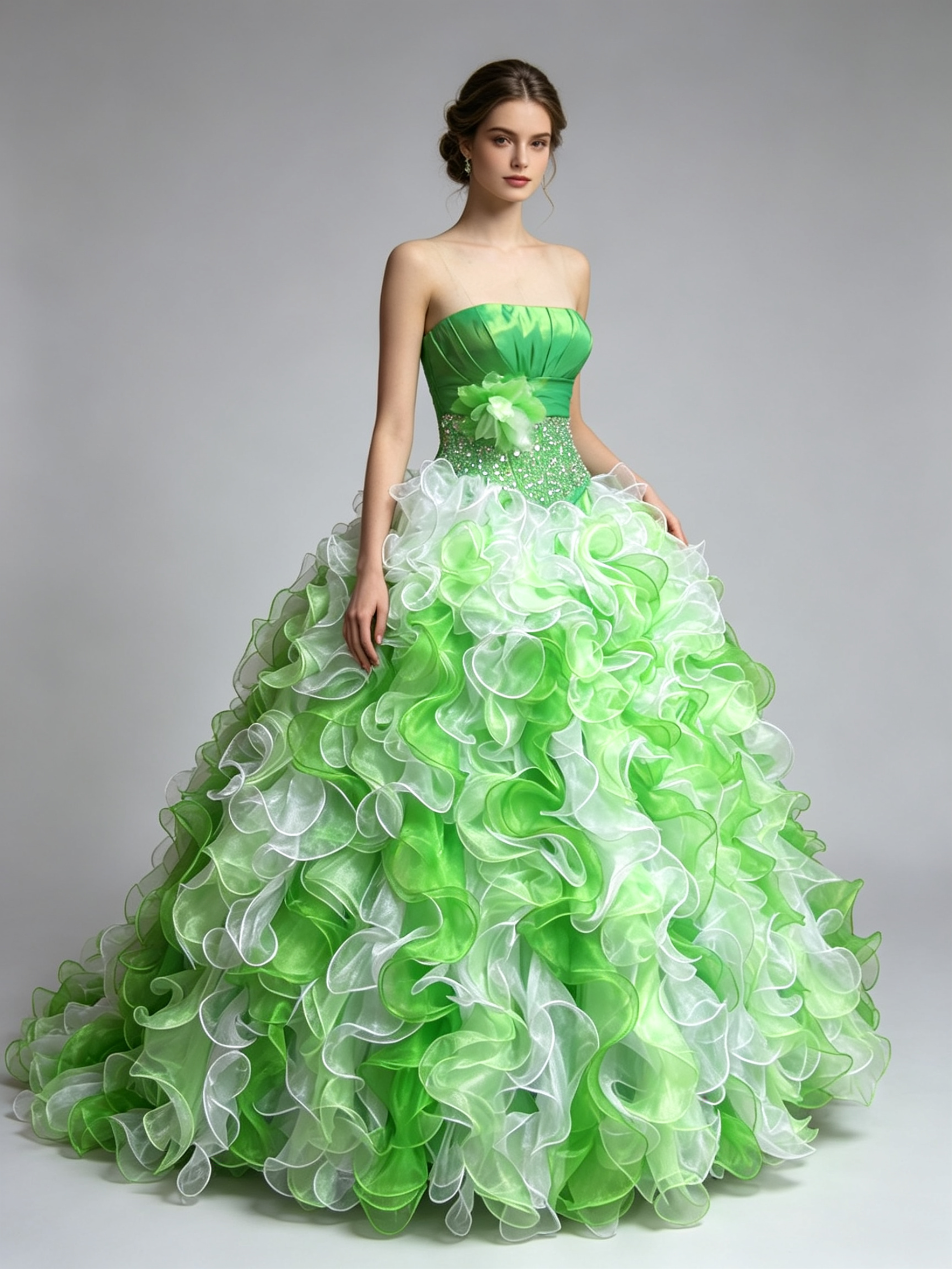Green and White Ball Gown Quinceanera Dress Strapless Ruffled Organza Beaded Waist Prom Formal Dress