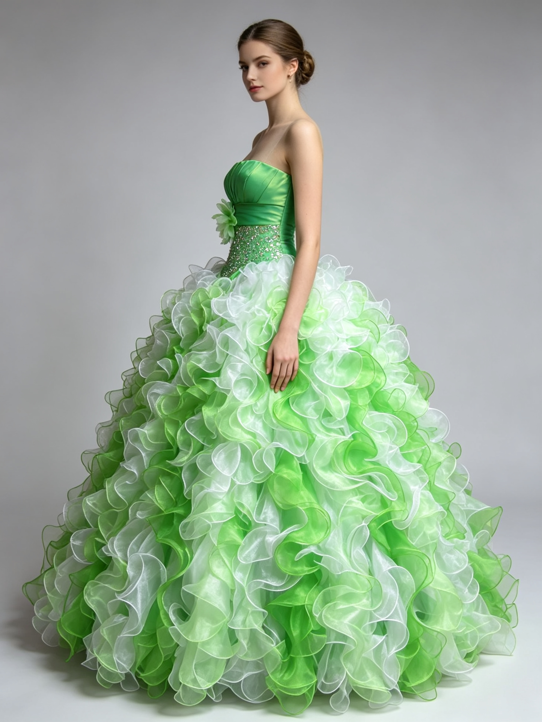 Green and White Ball Gown Quinceanera Dress Strapless Ruffled Organza Beaded Waist Prom Formal Dress