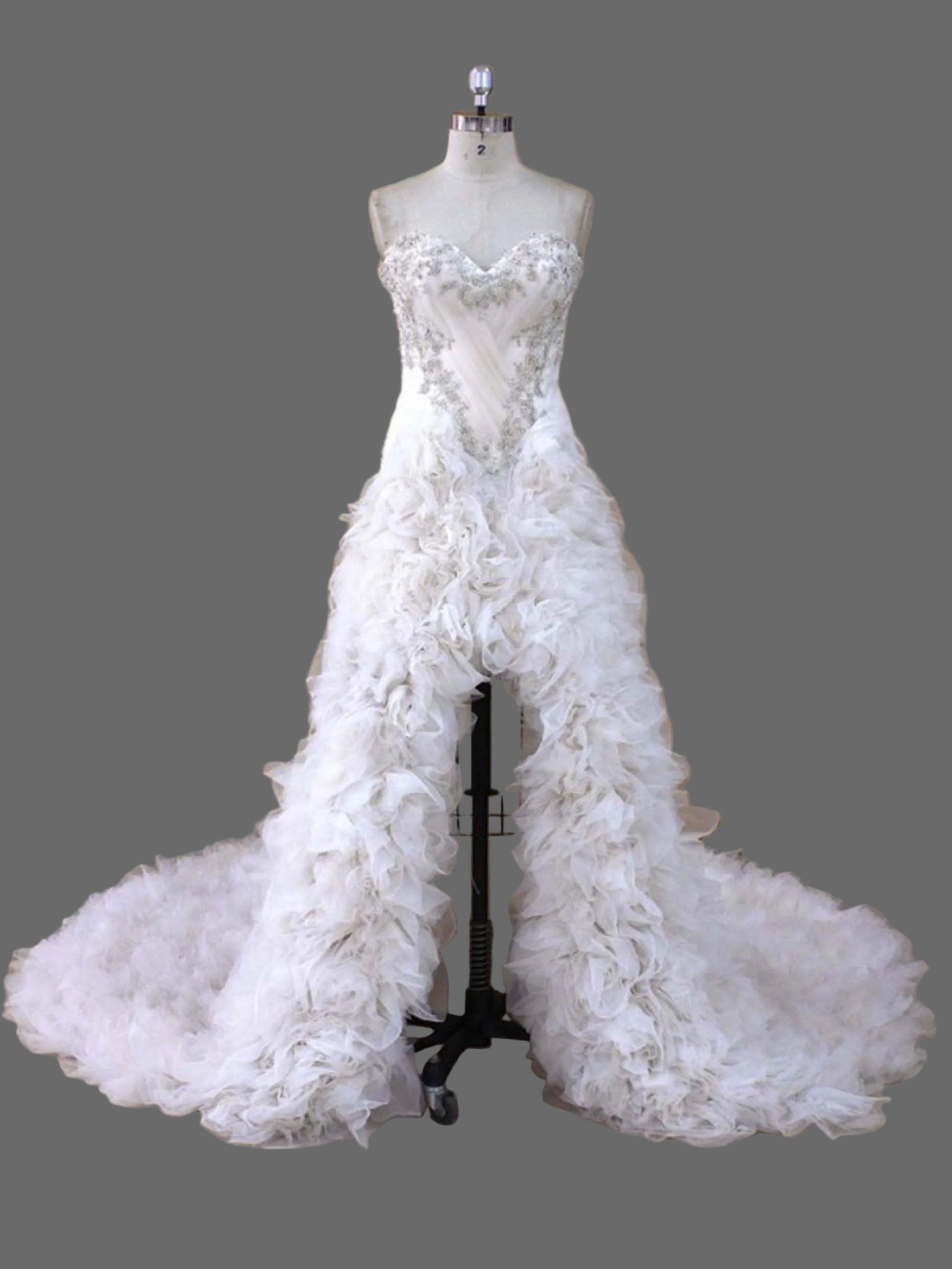 High Low Wedding Dress with 3D Floral Appliqués &  Ruffles - Dramatic Bridal Gown